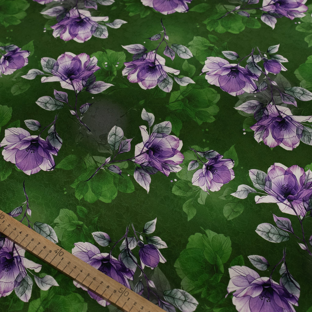Silk Jacquard - Floral - Purple Flowers on Green