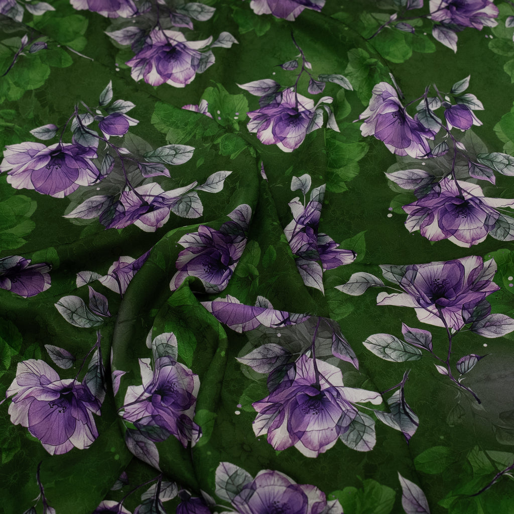 Silk Jacquard - Floral - Purple Flowers on Green