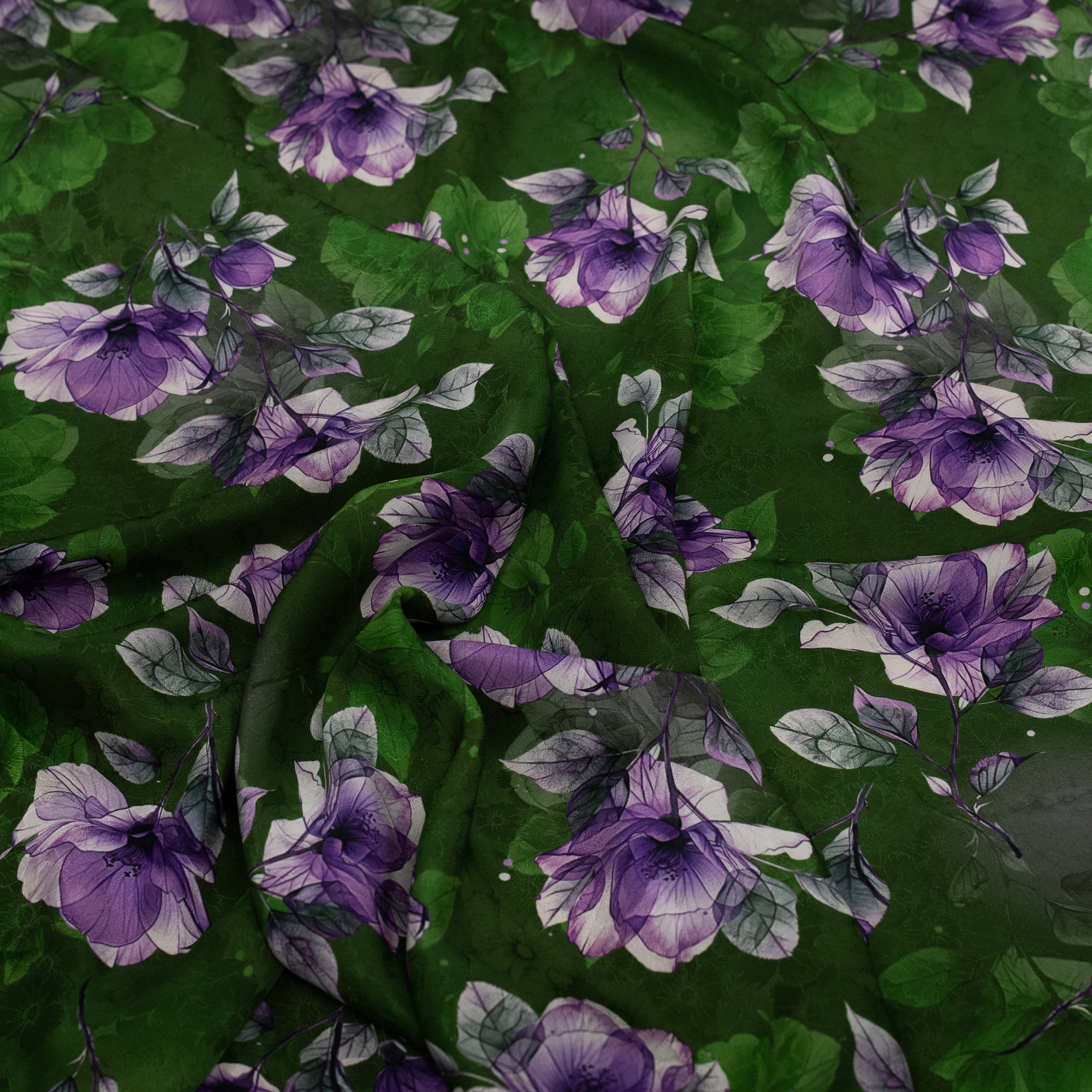 Silk Jacquard - Floral - Purple Flowers on Green