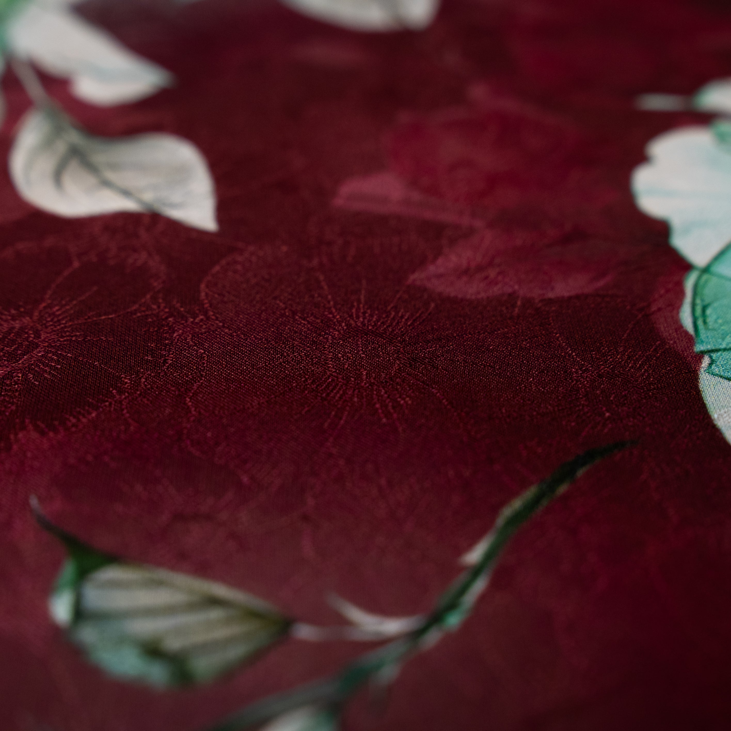 Silk Jacquard - Floral - Green Flowers on Red