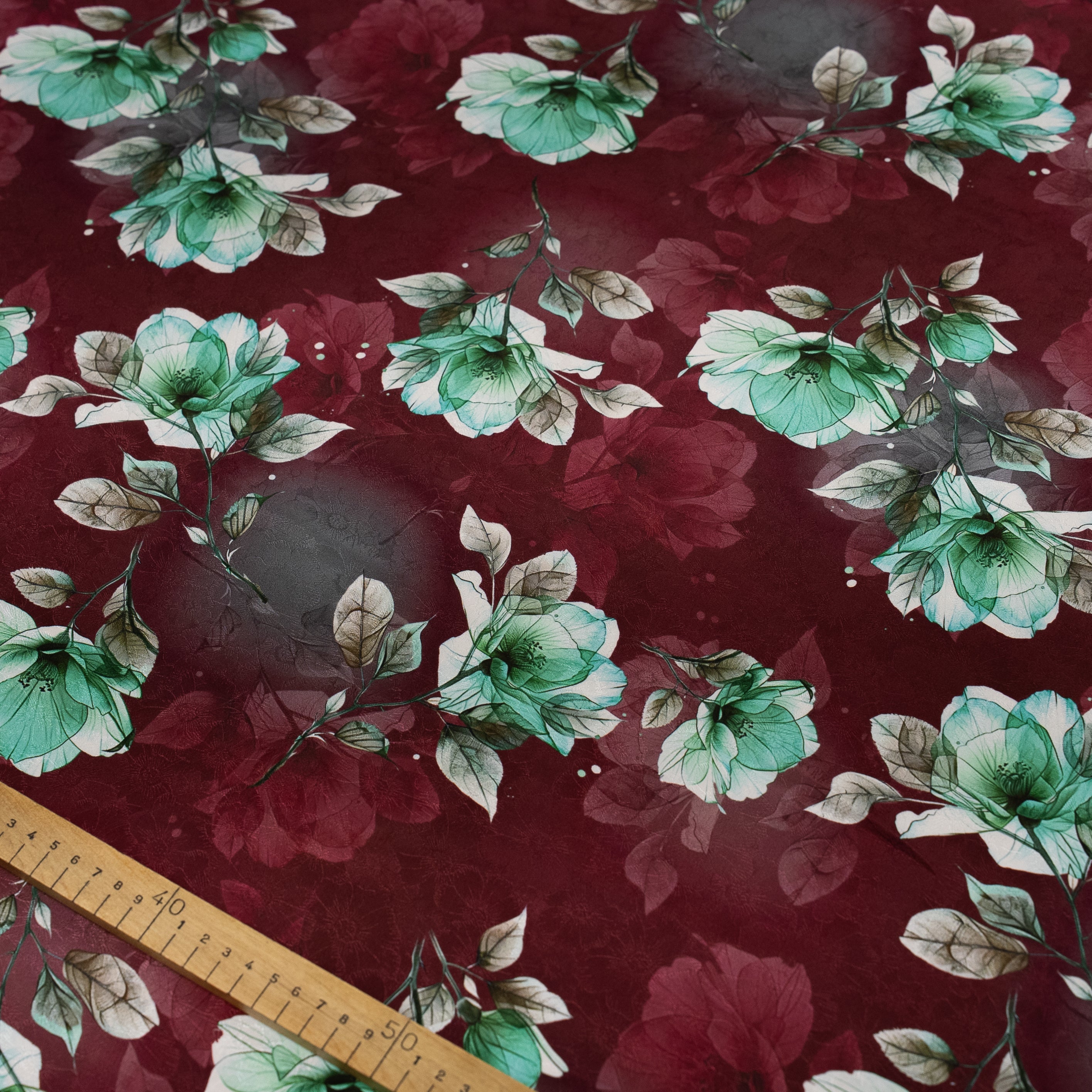 Silk Jacquard - Floral - Green Flowers on Red