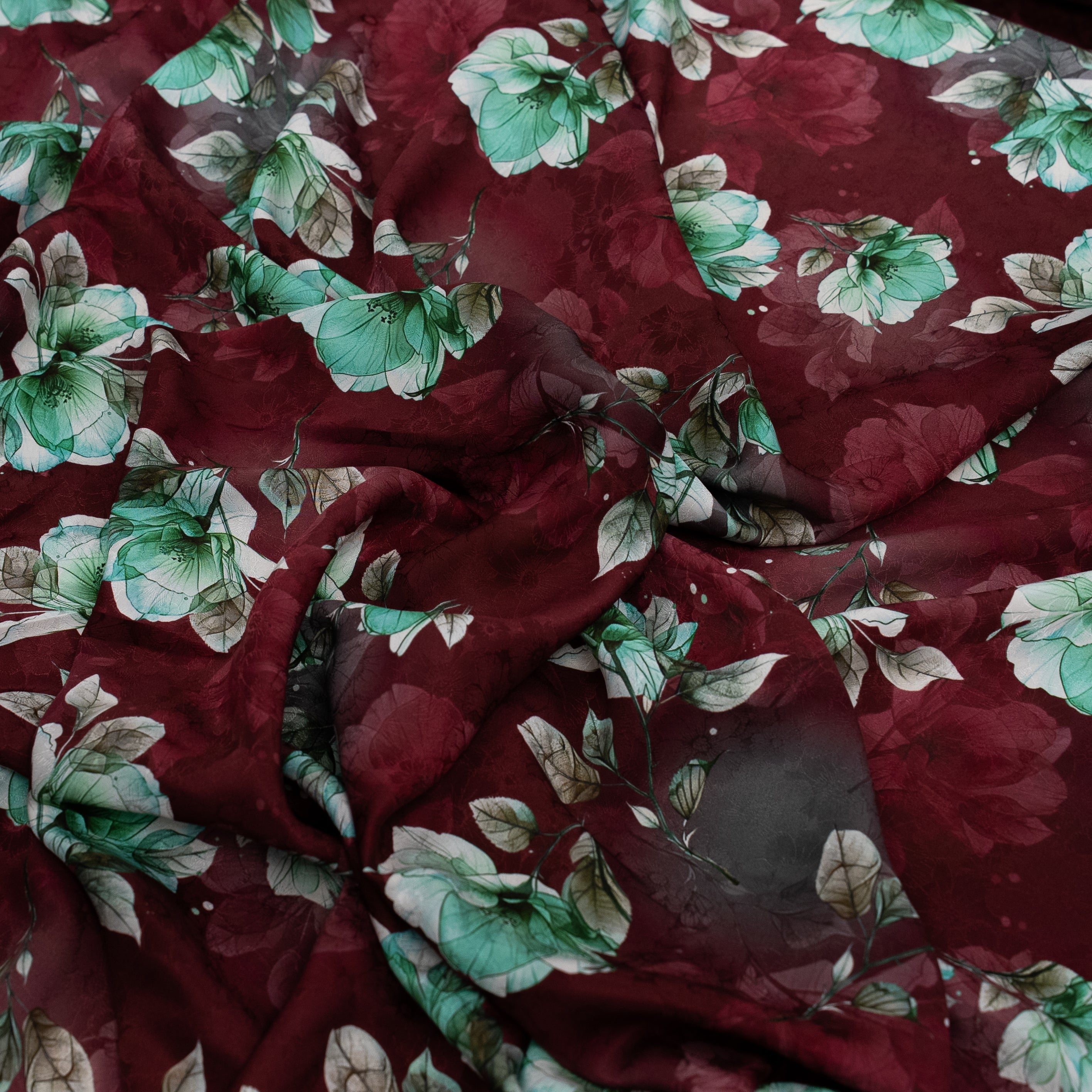 Silk Jacquard - Floral - Green Flowers on Red