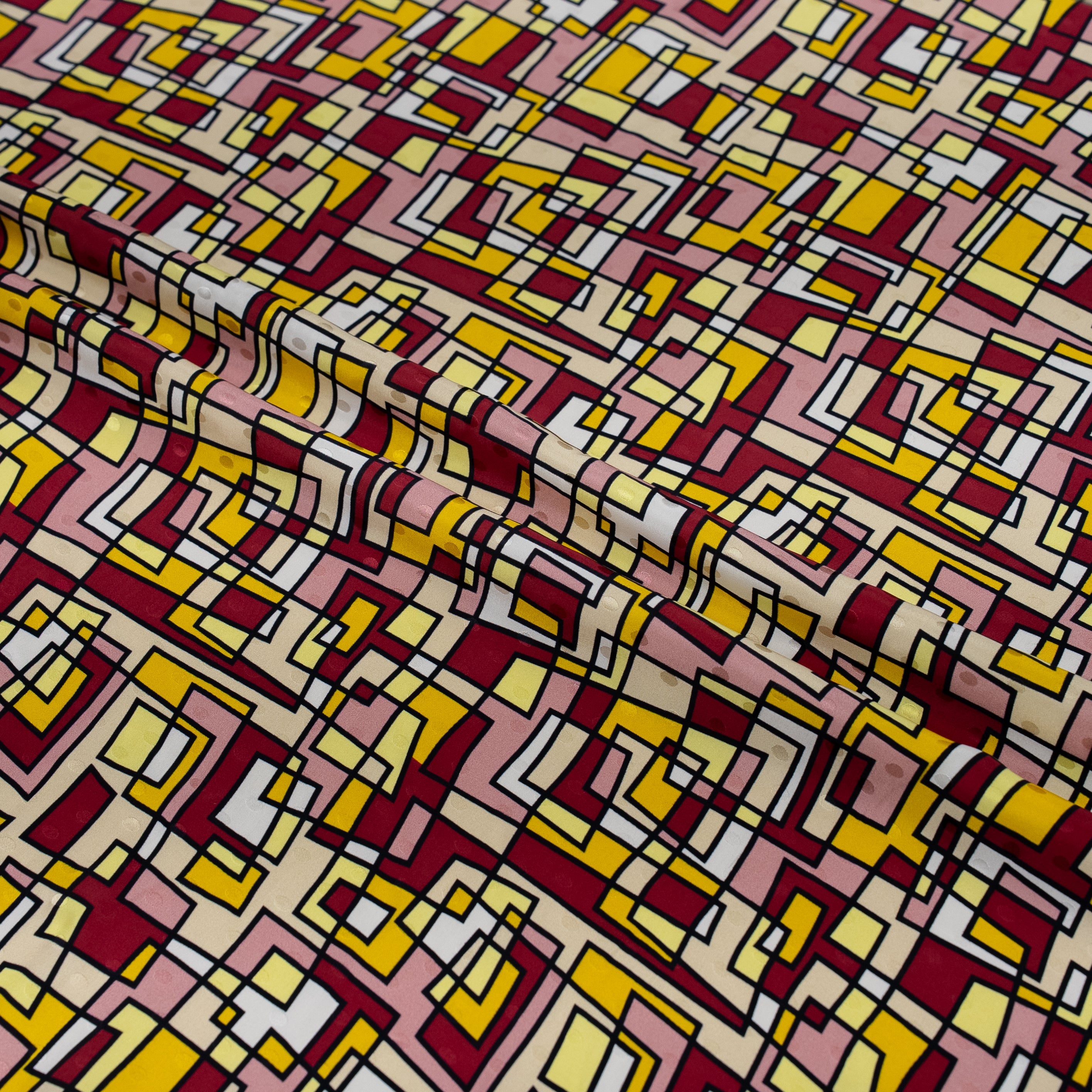 Silk Jacquard - Geometric - Crimson & Yellow Abstract Overlaps
