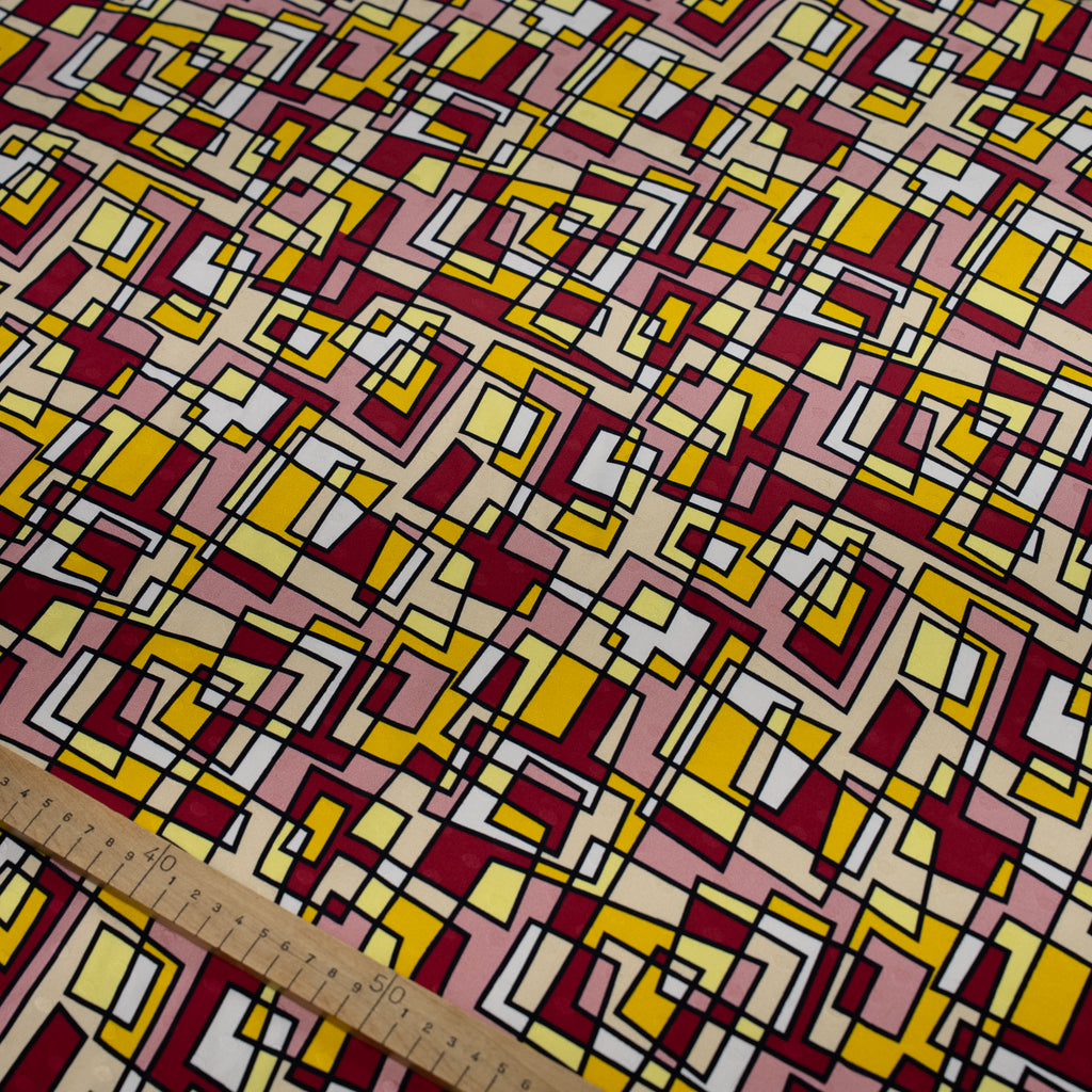 Silk Jacquard - Geometric - Crimson & Yellow Abstract Overlaps