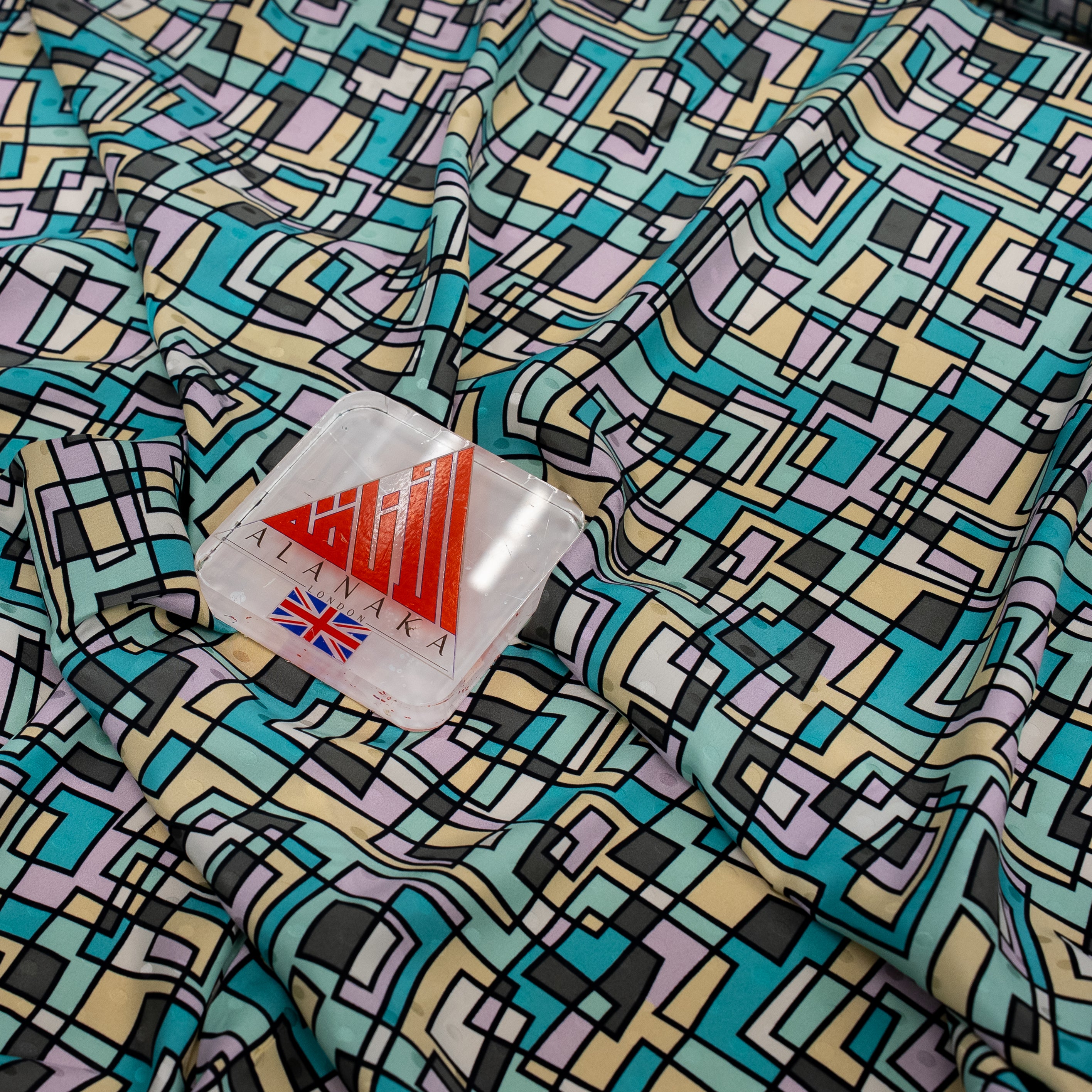 Silk Jacquard - Geometric - Teal & Sand Abstract Overlaps