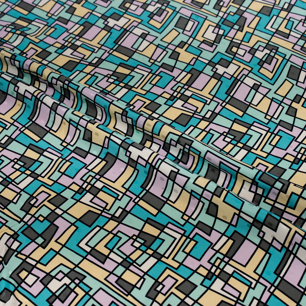 Silk Jacquard - Geometric - Teal & Sand Abstract Overlaps