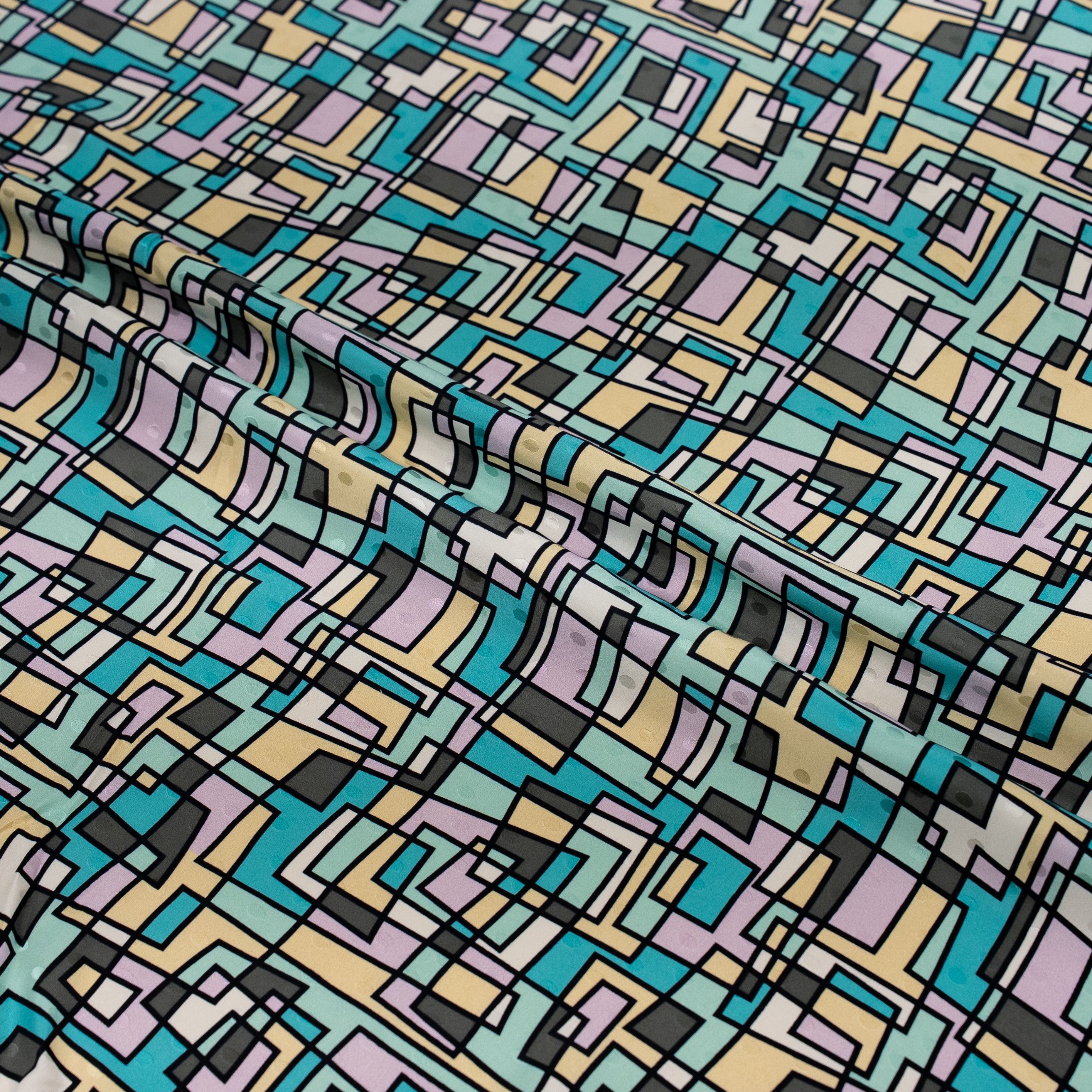 Silk Jacquard - Geometric - Teal & Sand Abstract Overlaps