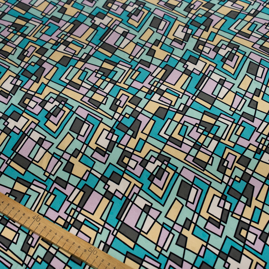 Silk Jacquard - Geometric - Teal & Sand Abstract Overlaps