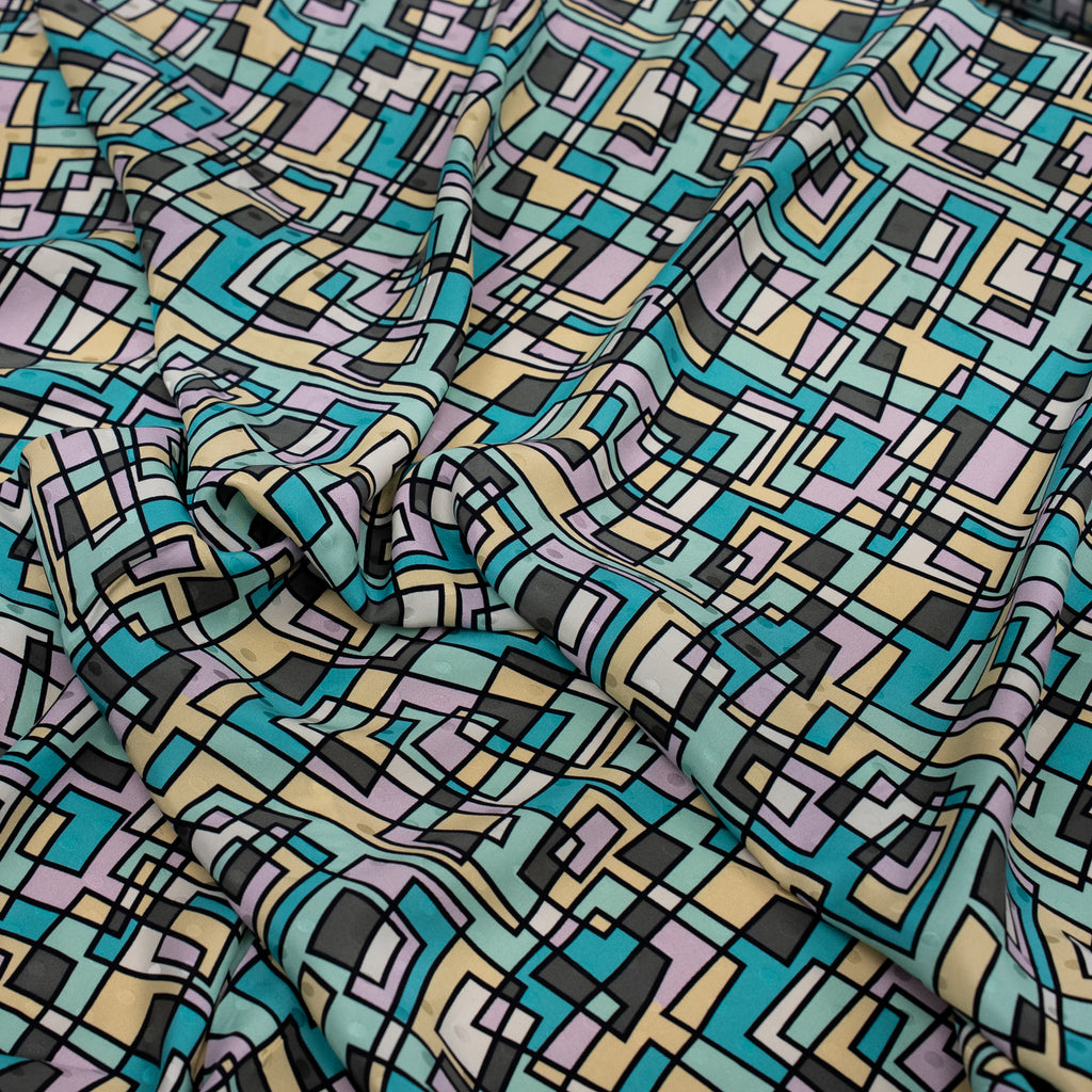 Silk Jacquard - Geometric - Teal & Sand Abstract Overlaps