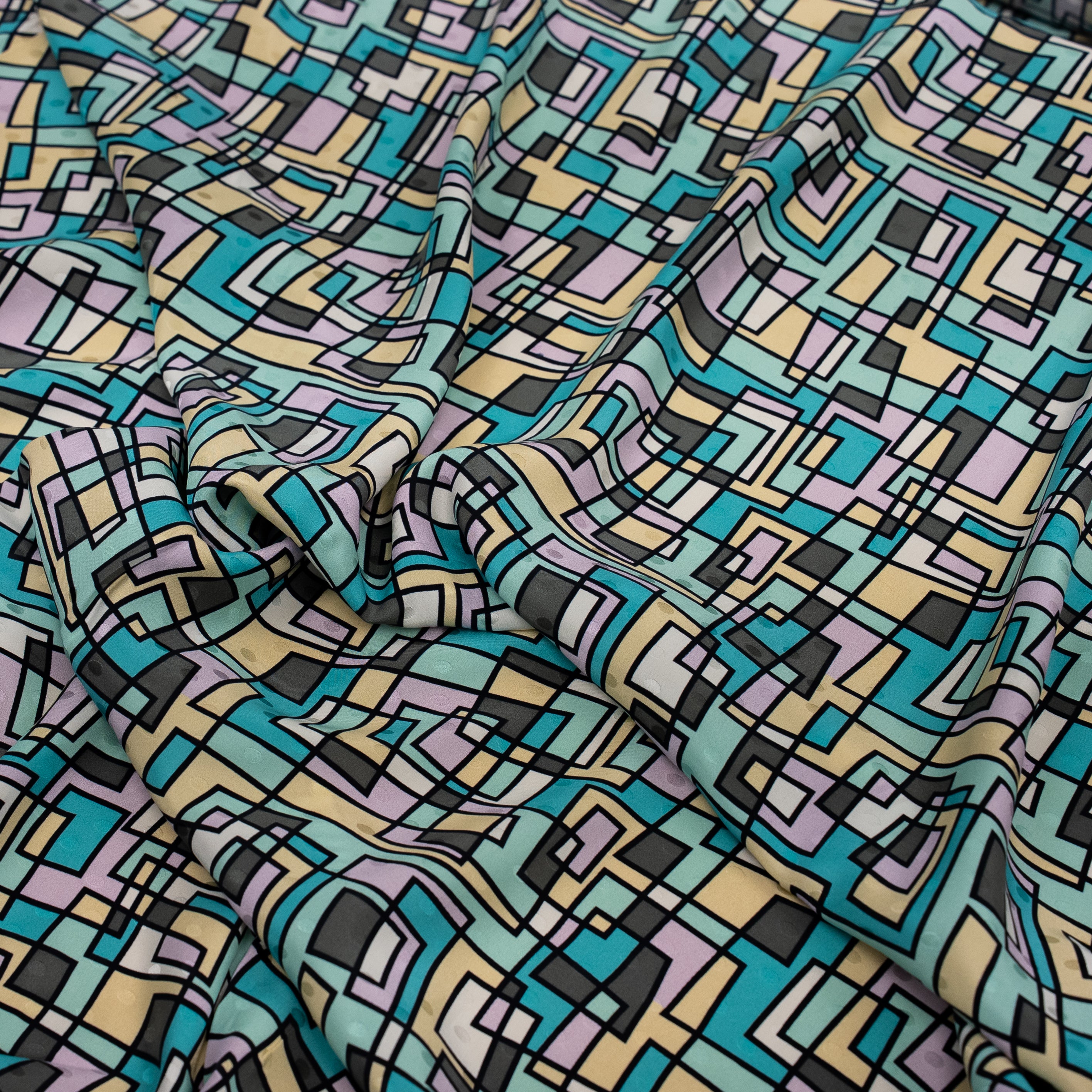 Silk Jacquard - Geometric - Teal & Sand Abstract Overlaps