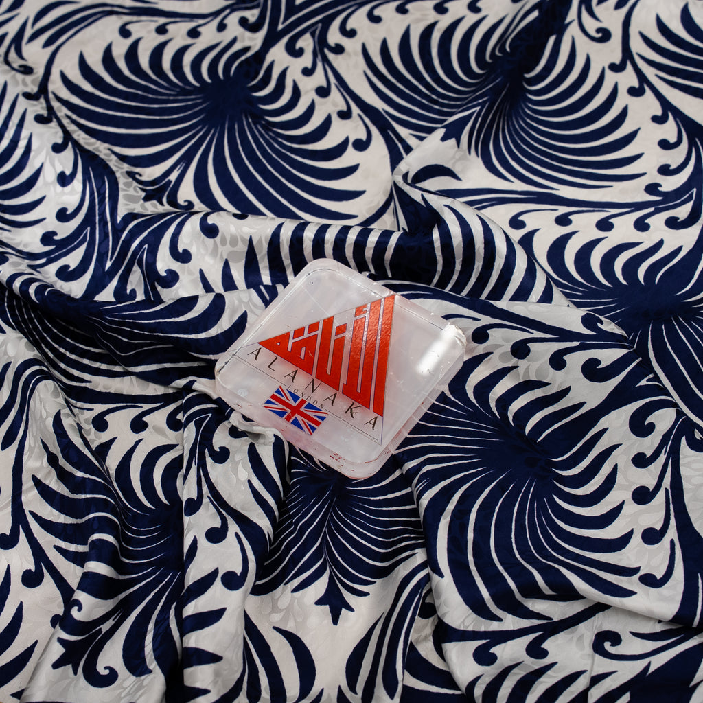 Silk Jacquard - Geometric - Navy Peacock Pattern on Ivory White