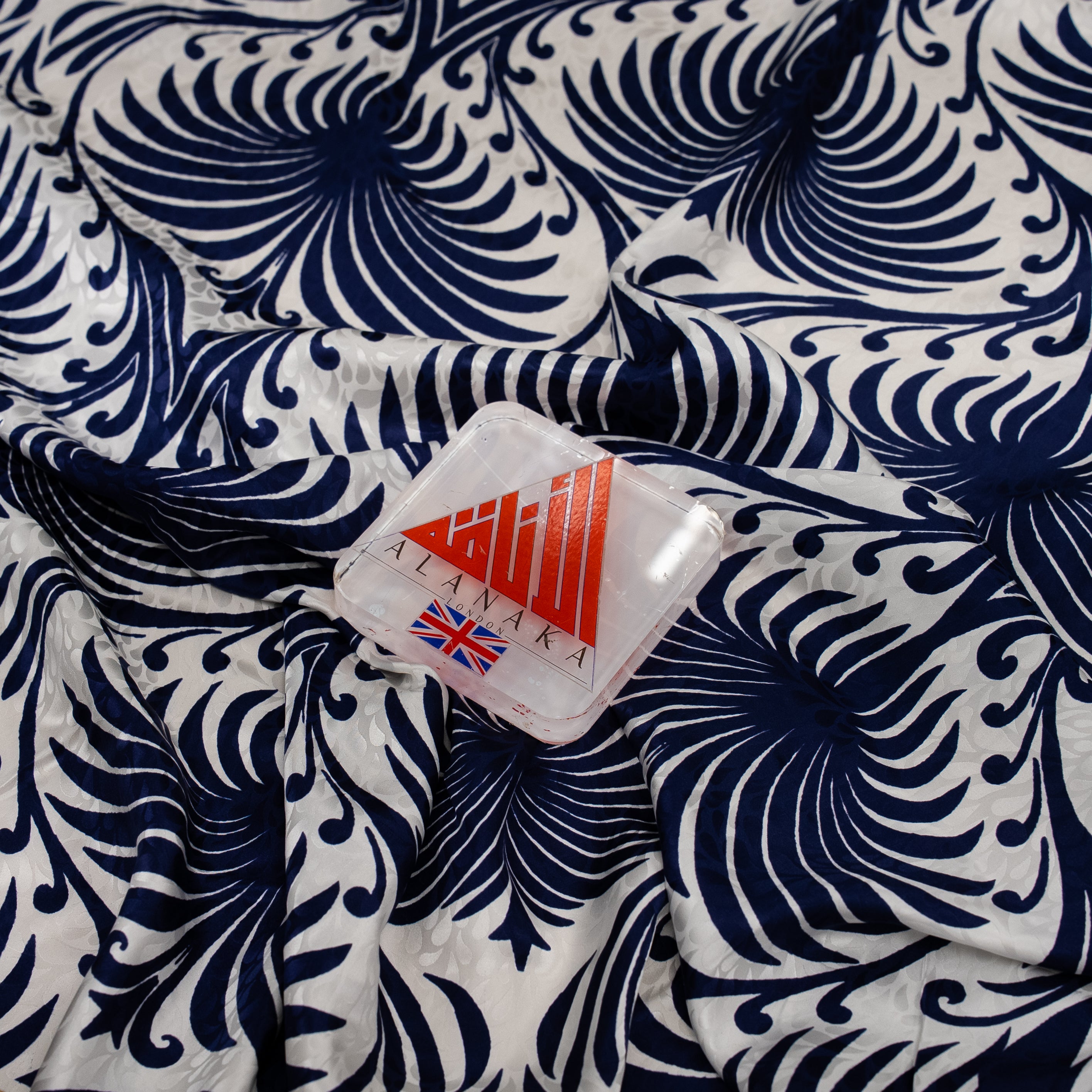 Silk Jacquard - Geometric - Navy Peacock Pattern on Ivory White