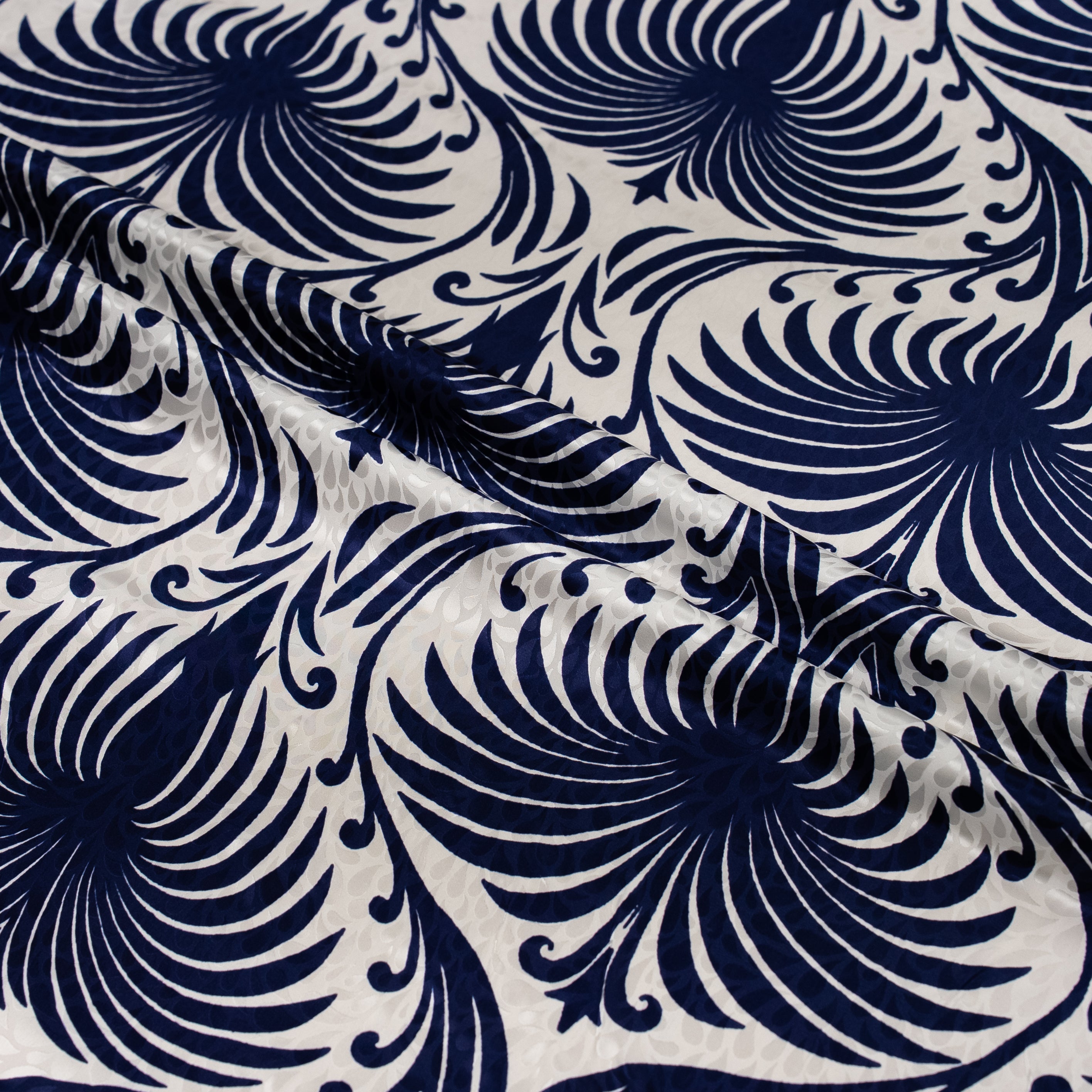 Silk Jacquard - Geometric - Navy Peacock Pattern on Ivory White