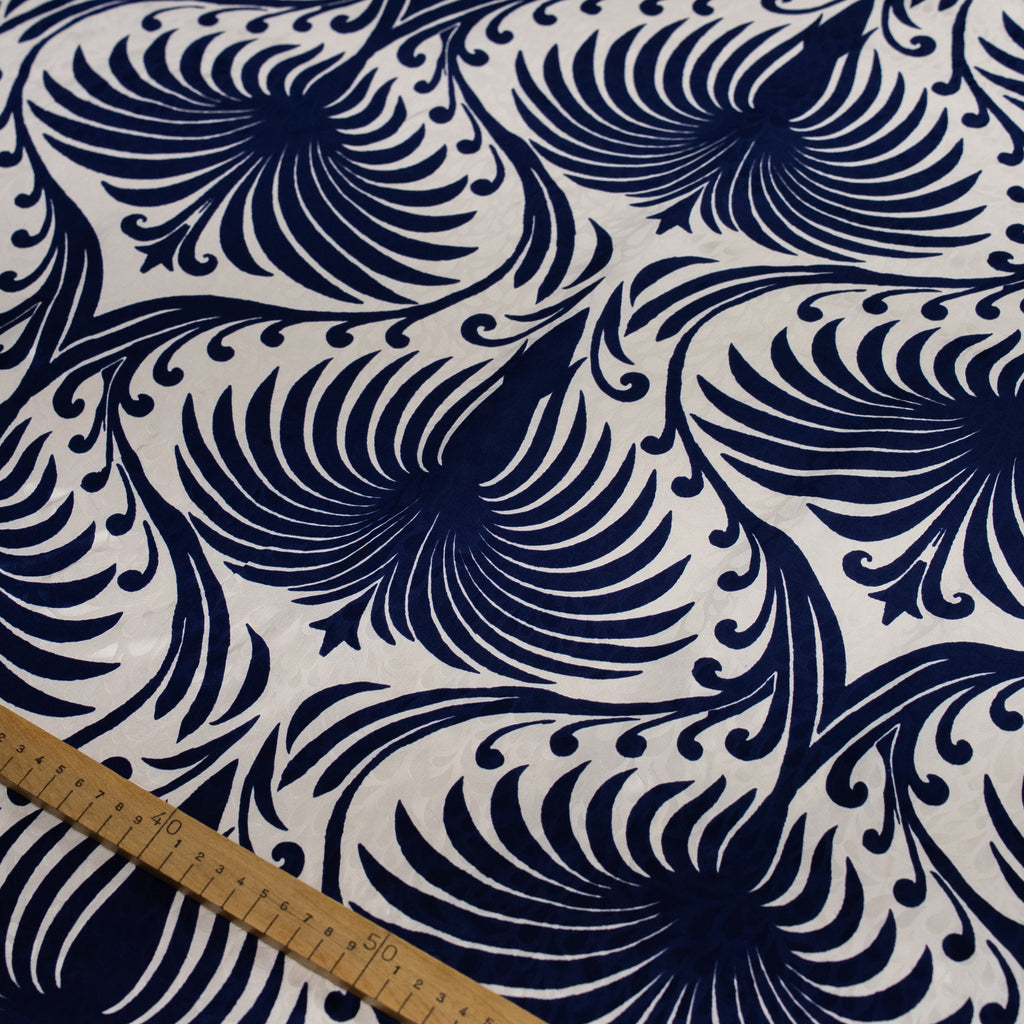 Silk Jacquard - Geometric - Navy Peacock Pattern on Ivory White