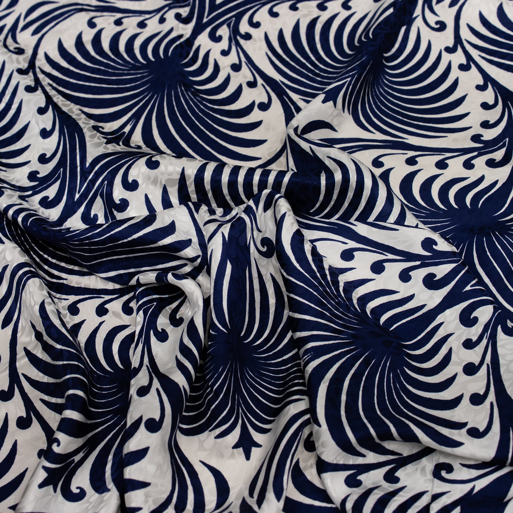 Silk Jacquard - Geometric - Navy Peacock Pattern on Ivory White