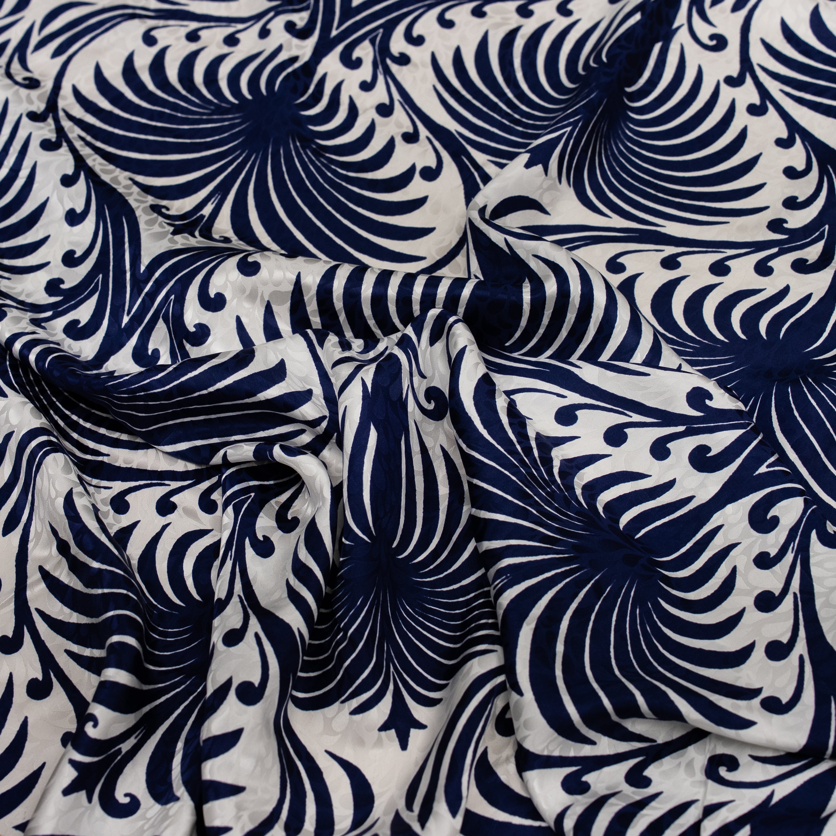 Silk Jacquard - Geometric - Navy Peacock Pattern on Ivory White