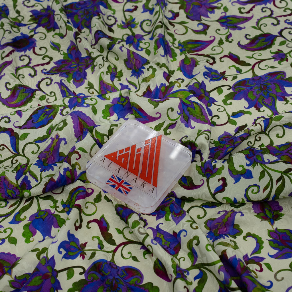 Silk Jacquard - Floral - Jacobean-style Purple Flowers on White