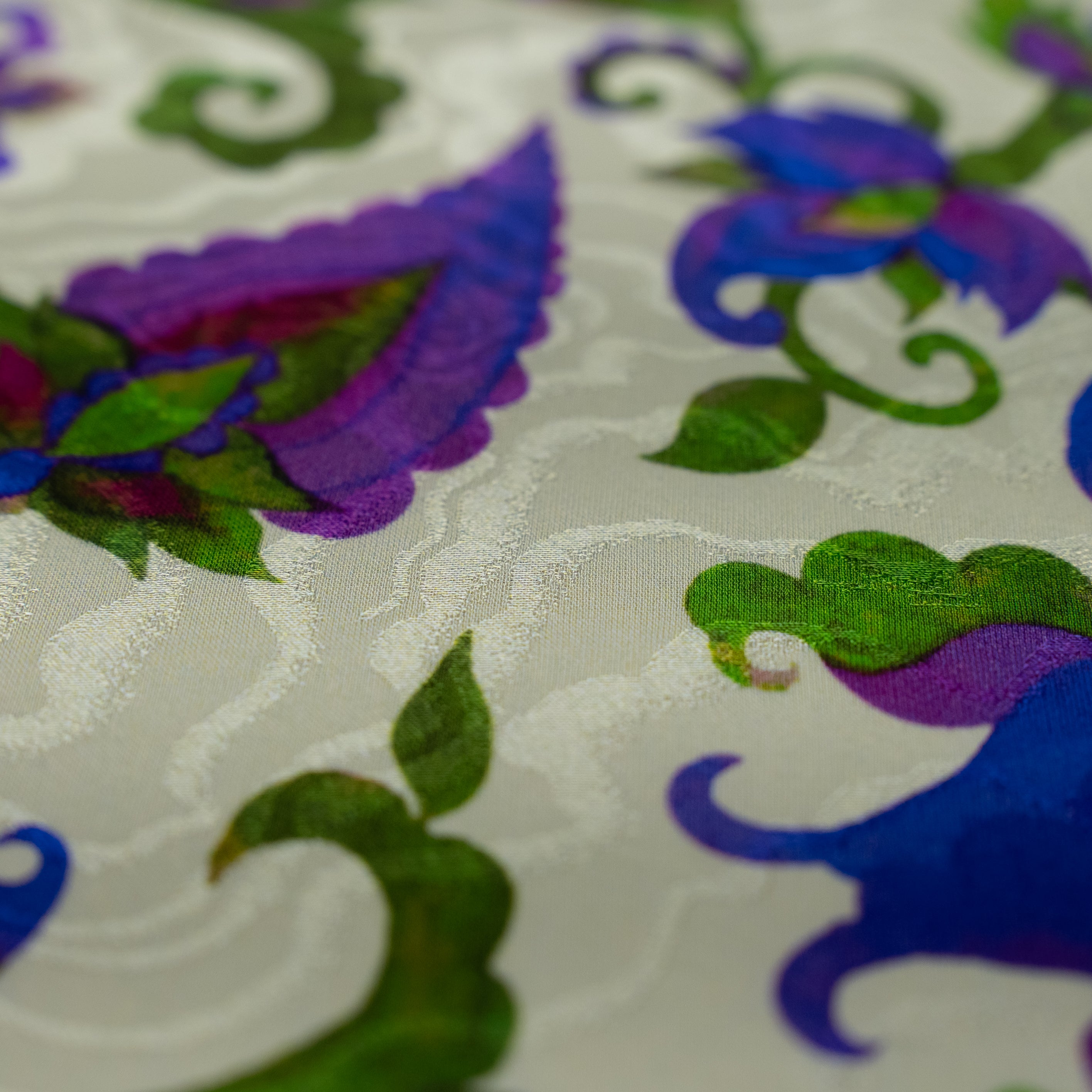 Silk Jacquard - Floral - Jacobean-style Purple Flowers on White