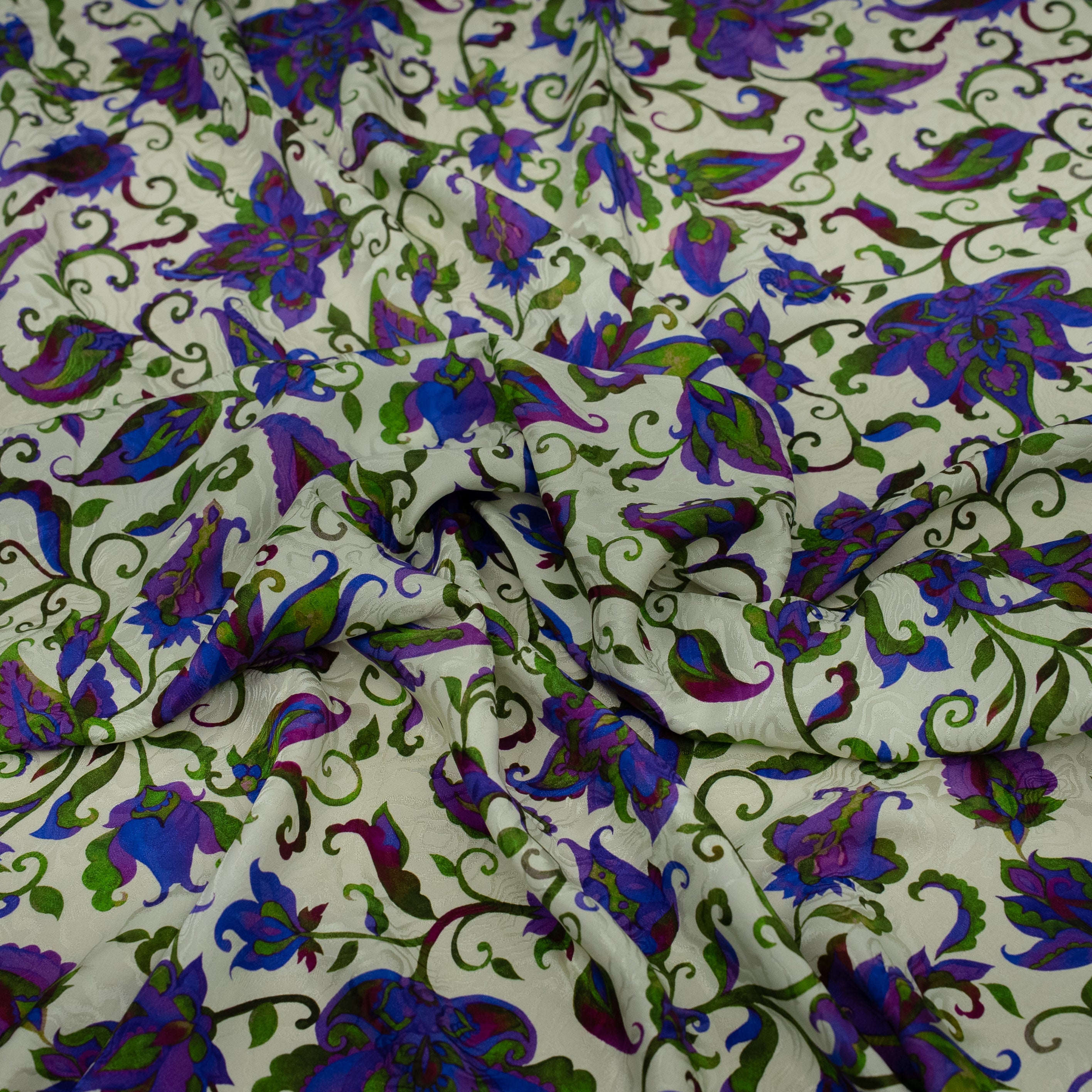 Silk Jacquard - Floral - Jacobean-style Purple Flowers on White