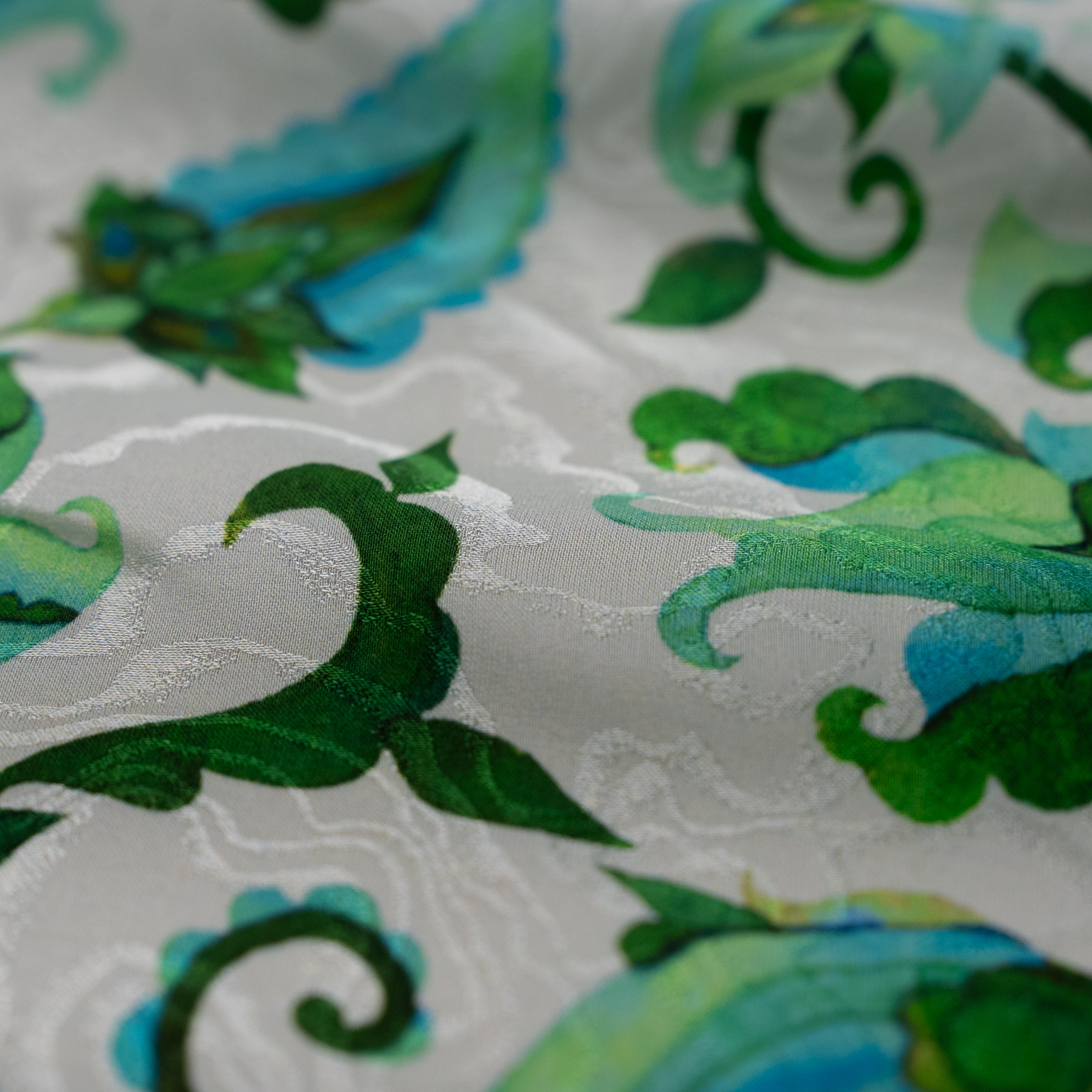 Silk Jacquard - Floral - Jacobean-style Green Flowers on White