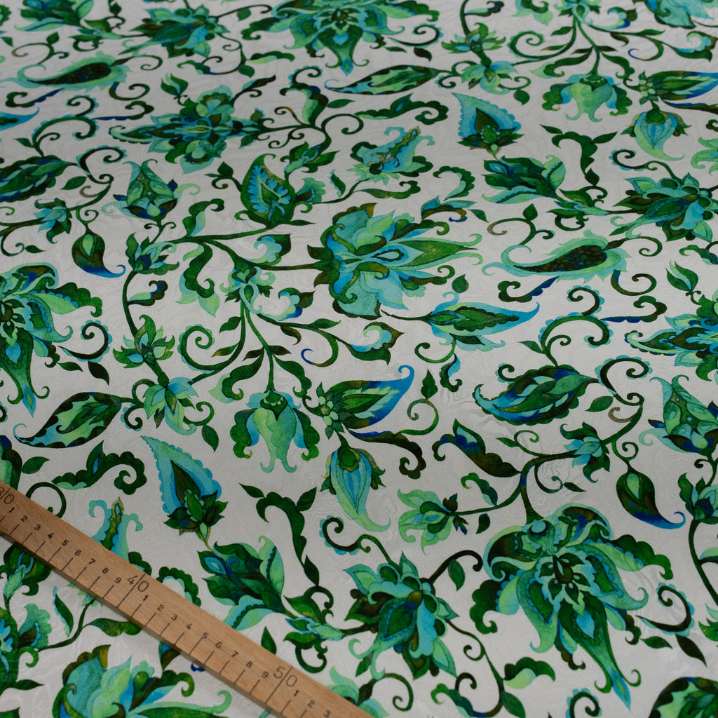 Silk Jacquard - Floral - Jacobean-style Green Flowers on White
