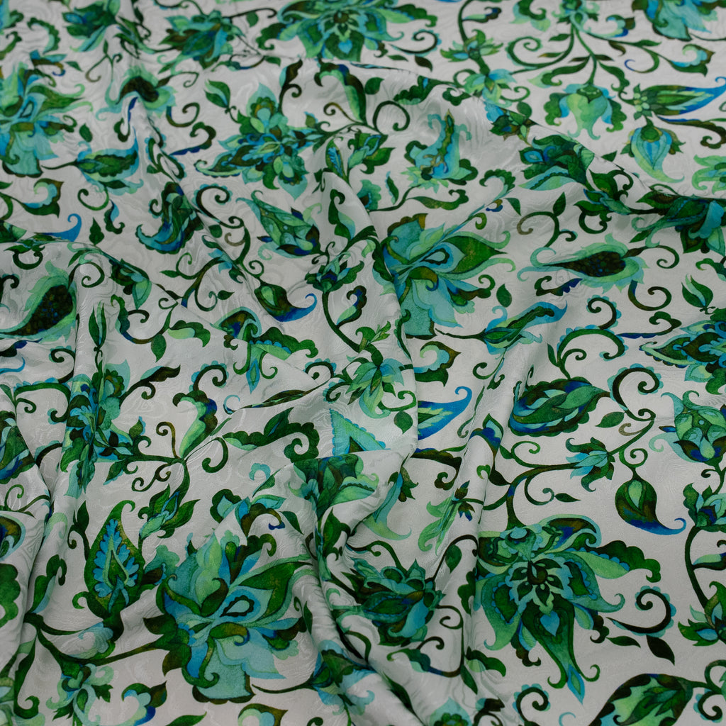 Silk Jacquard - Floral - Jacobean-style Green Flowers on White