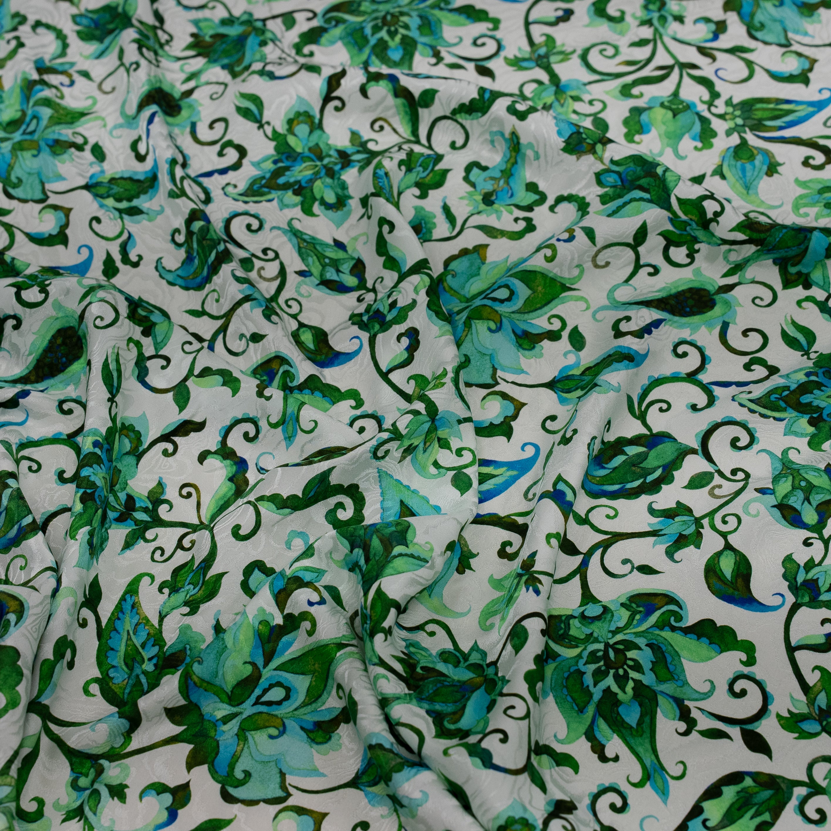 Silk Jacquard - Floral - Jacobean-style Green Flowers on White