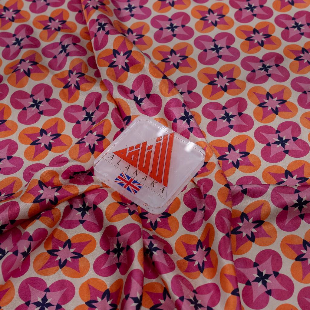 Silk Jacquard - Geometric - Hot Pink & Orange Floral Medallions on Cream