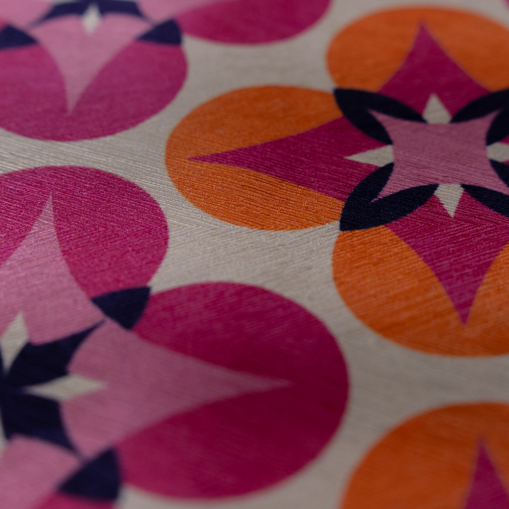 Silk Jacquard - Geometric - Hot Pink & Orange Floral Medallions on Cream