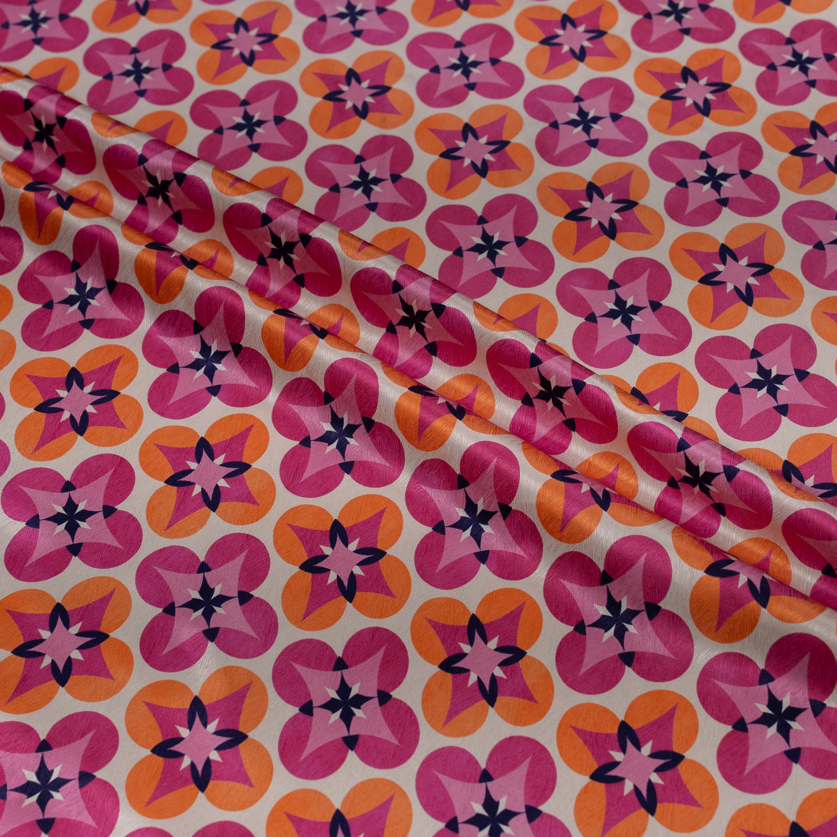 Silk Jacquard - Geometric - Hot Pink & Orange Floral Medallions on Cream