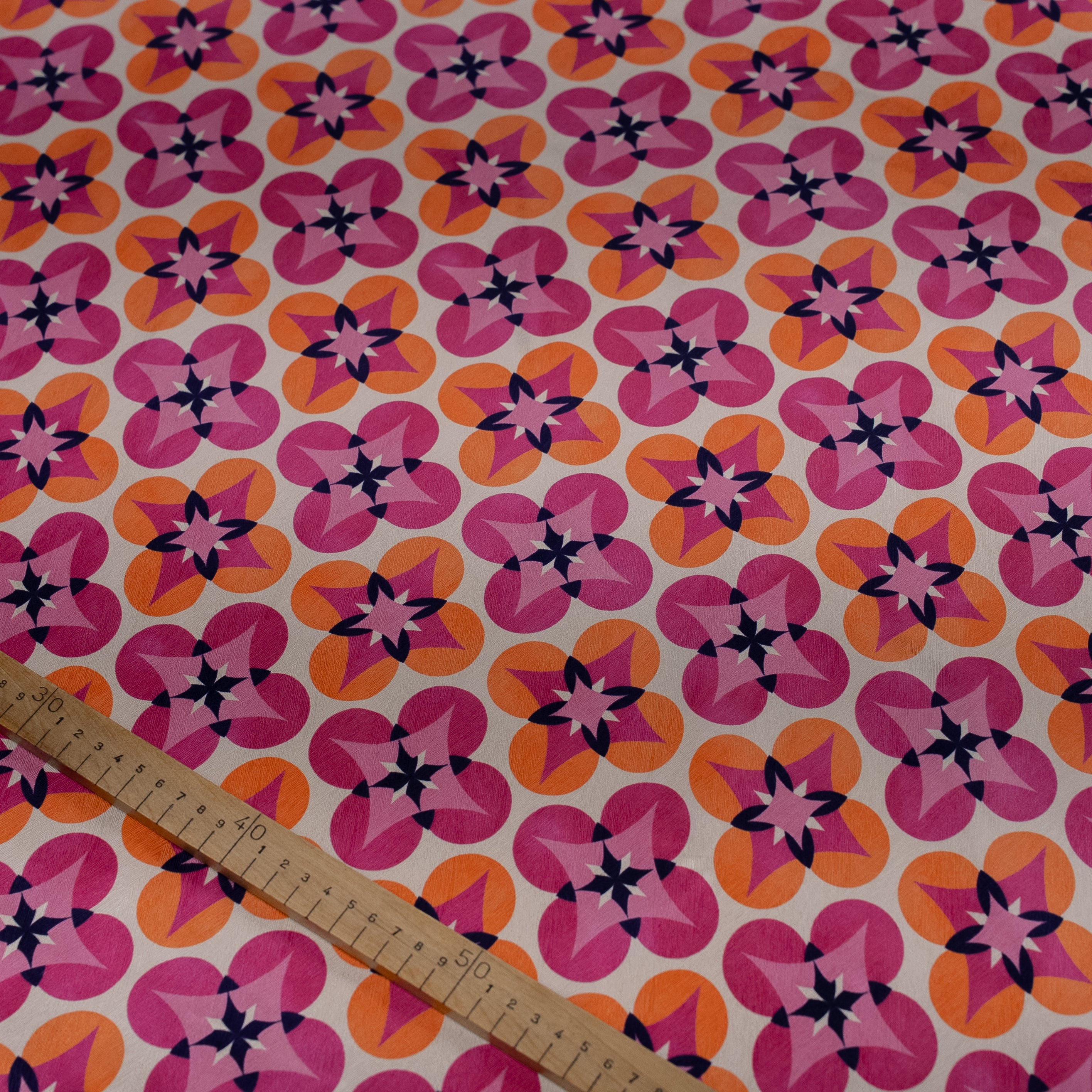 Silk Jacquard - Geometric - Hot Pink & Orange Floral Medallions on Cream