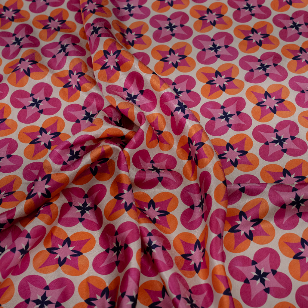 Silk Jacquard - Geometric - Hot Pink & Orange Floral Medallions on Cream
