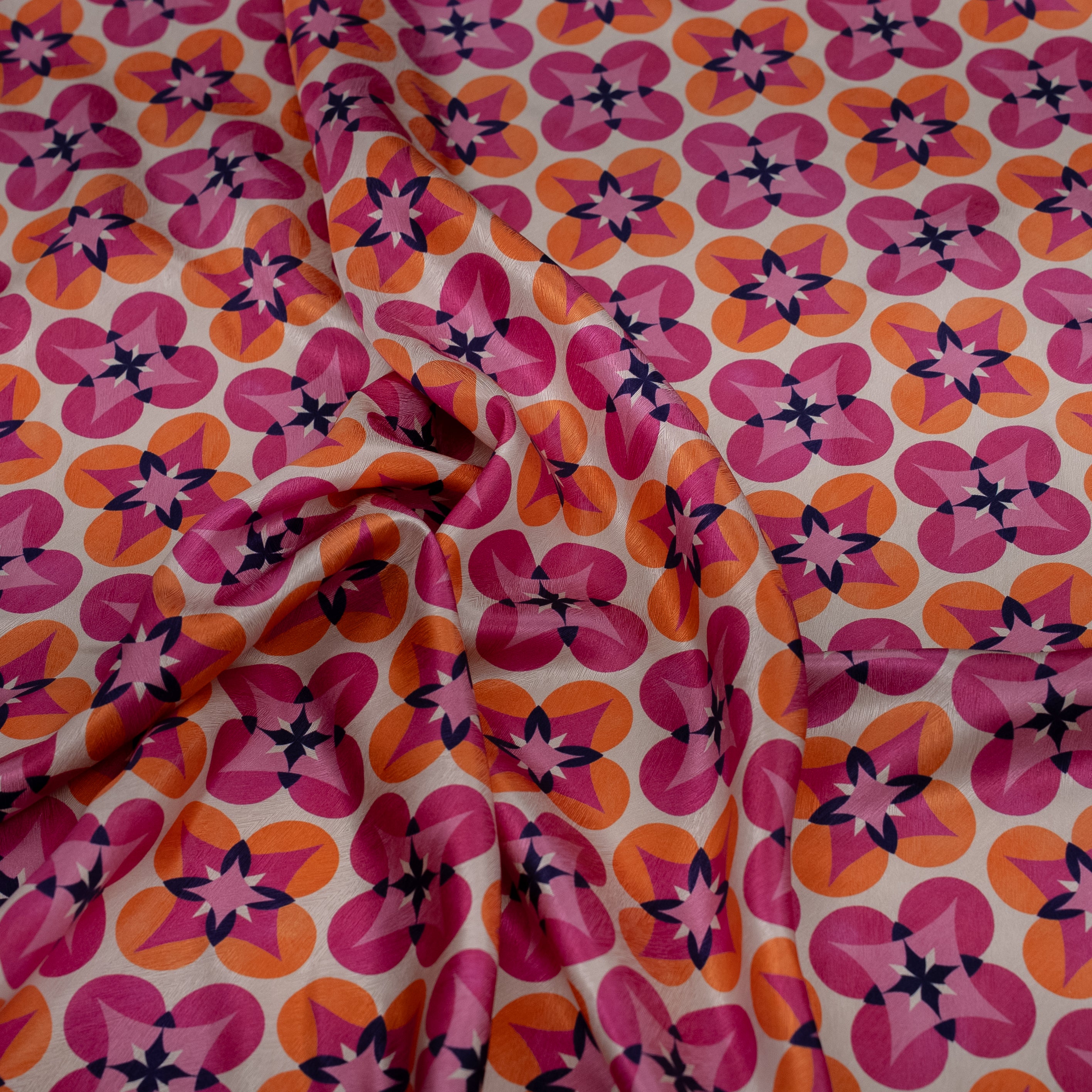 Silk Jacquard - Geometric - Hot Pink & Orange Floral Medallions on Cream