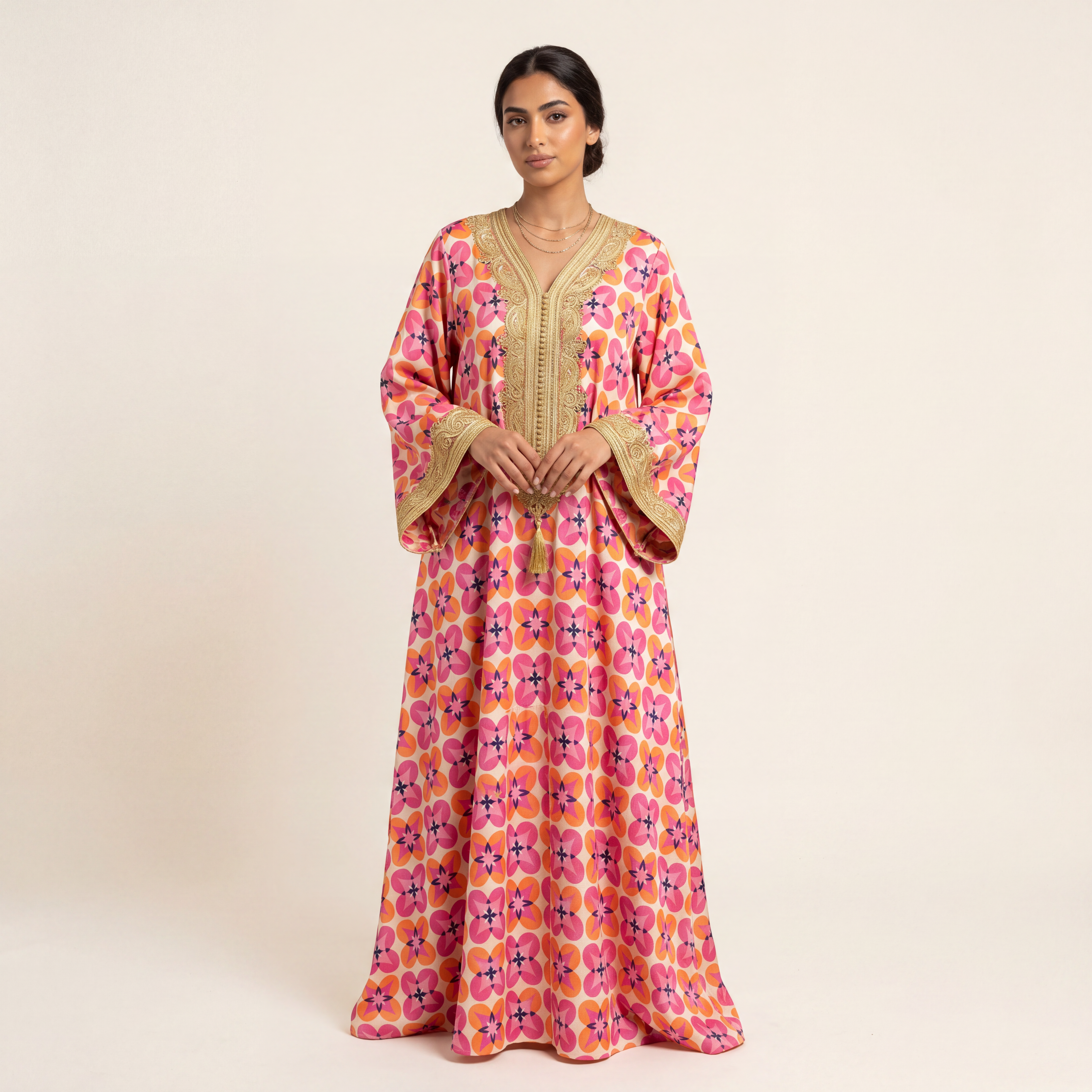 Silk Jacquard - Geometric - Hot Pink & Orange Floral Medallions on Cream
