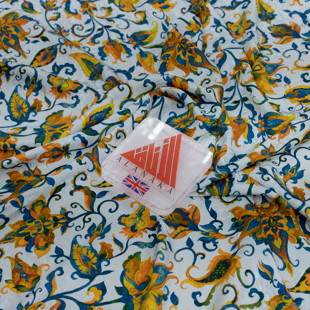 Silk Jacquard - Floral - Jacobean-style Orange & Blue Flowers on White