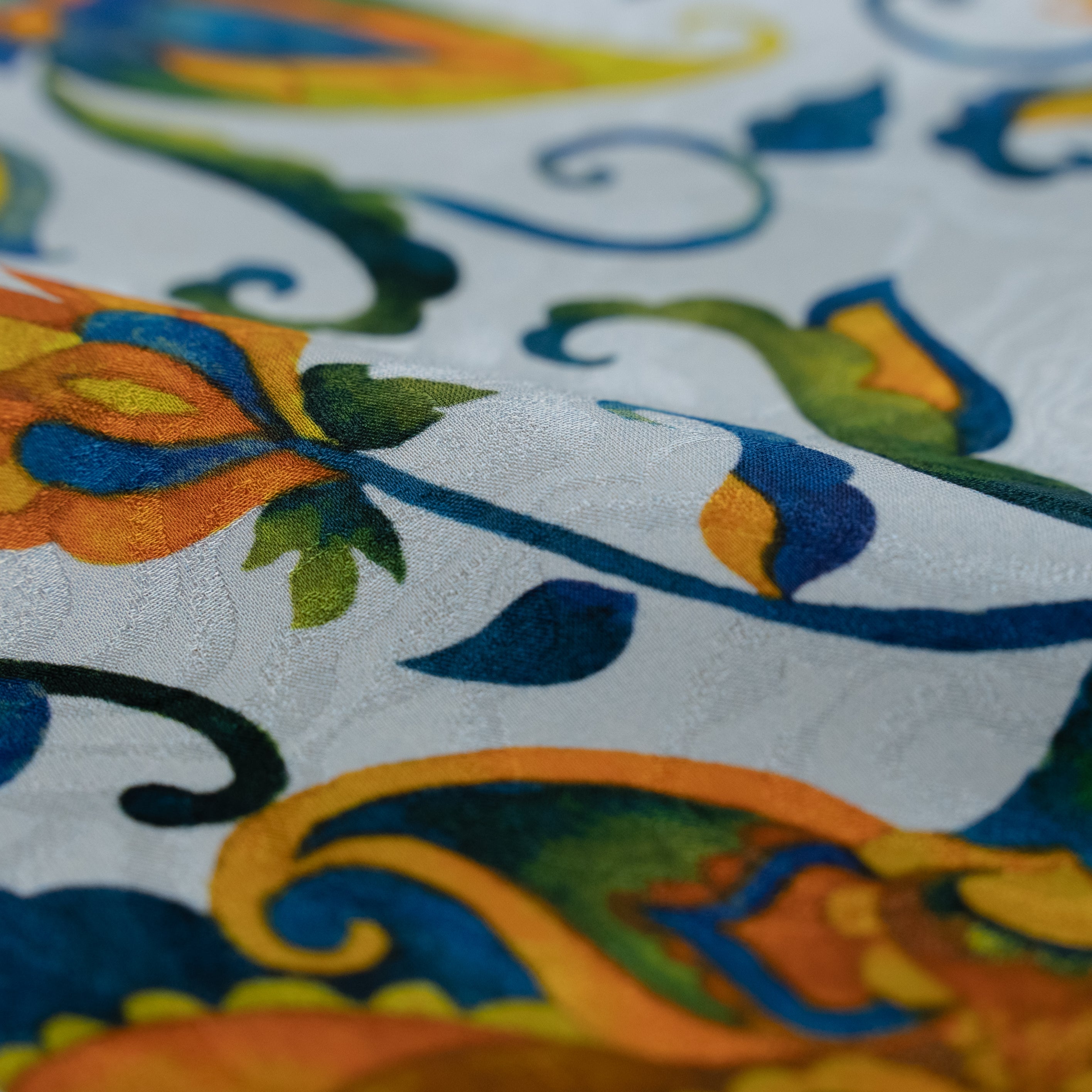 Silk Jacquard - Floral - Jacobean-style Orange & Blue Flowers on White