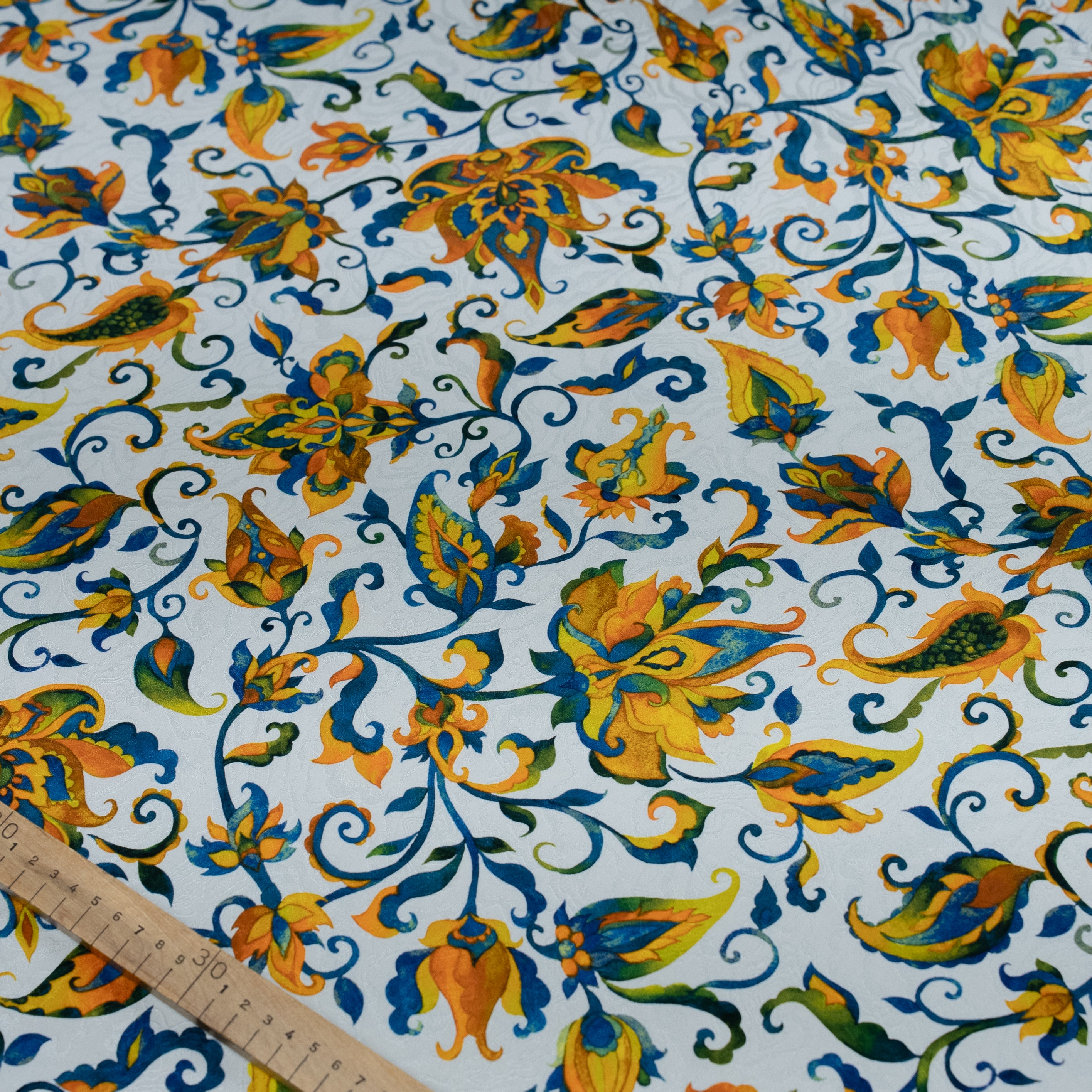Silk Jacquard - Floral - Jacobean-style Orange & Blue Flowers on White