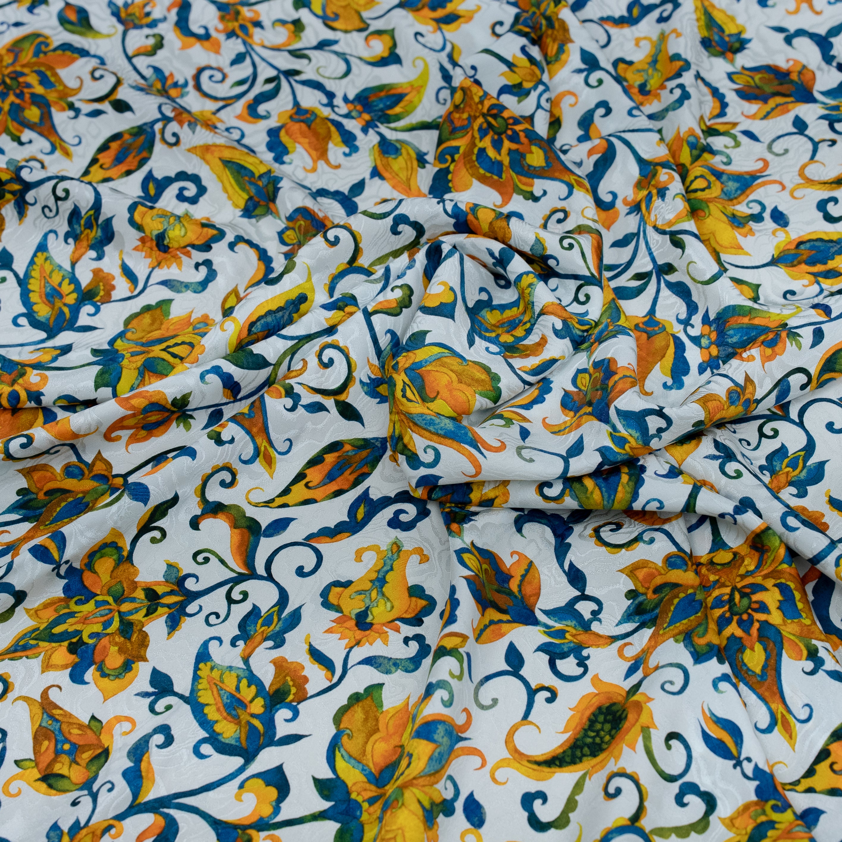 Silk Jacquard - Floral - Jacobean-style Orange & Blue Flowers on White