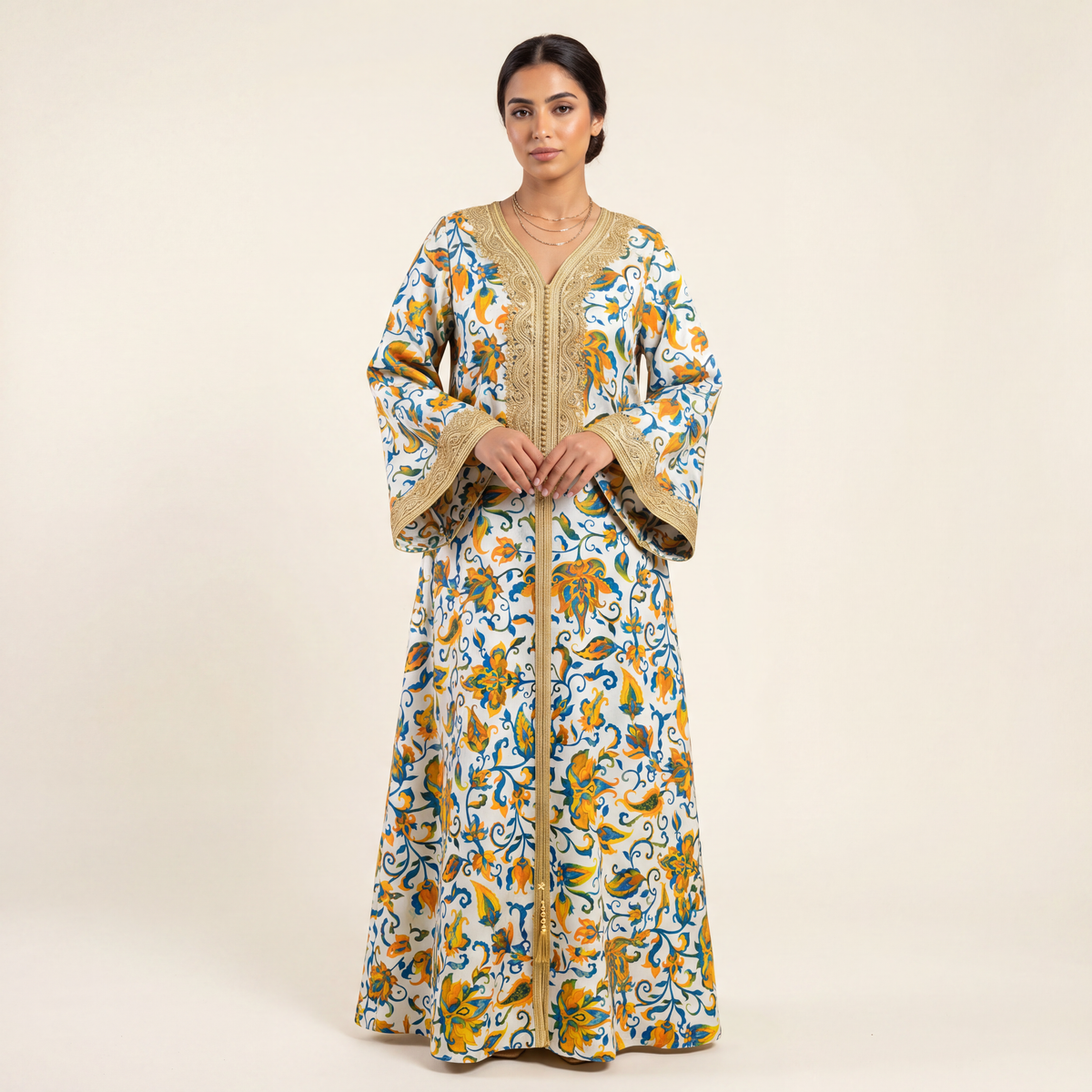 Silk Jacquard - Floral - Jacobean-style Orange & Blue Flowers on White