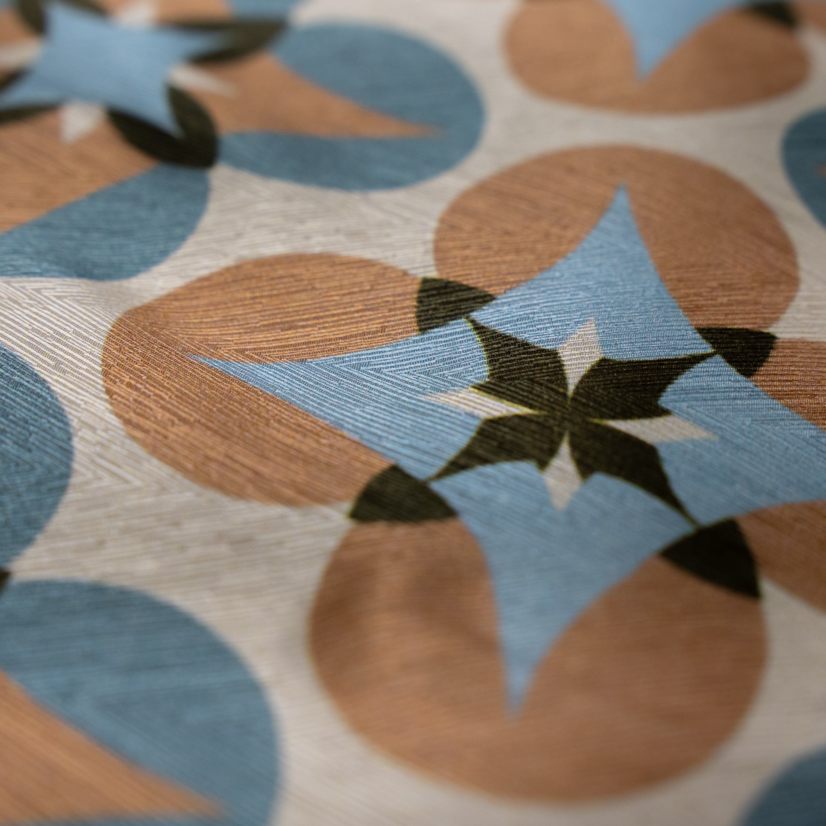 Silk Jacquard - Geometric - Slate Blue & Tan Floral Medallions on Cream