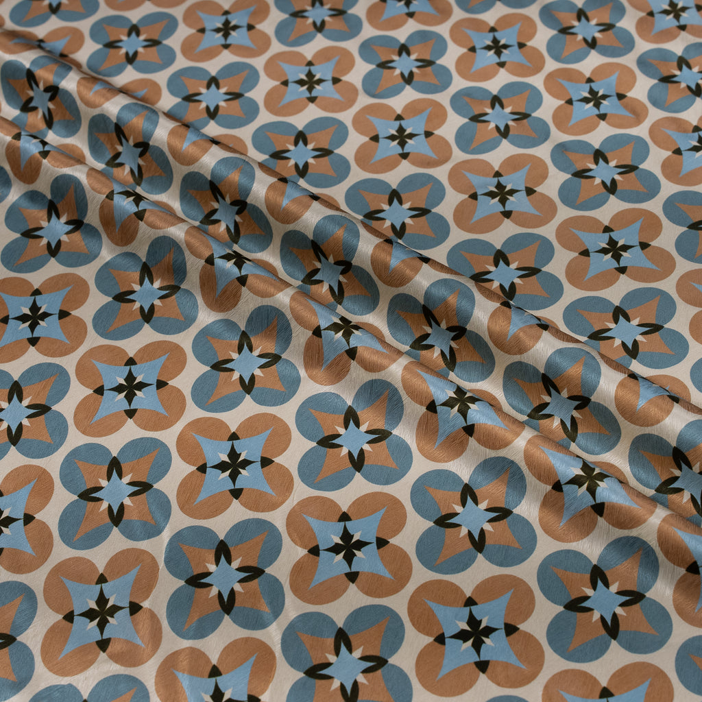 Silk Jacquard - Geometric - Slate Blue & Tan Floral Medallions on Cream