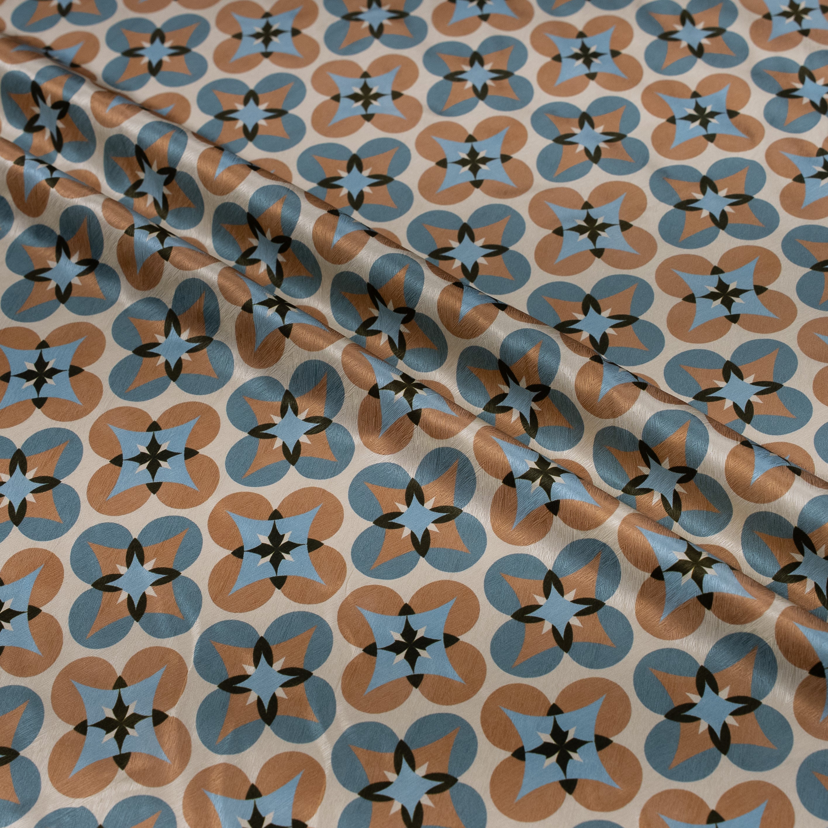 Silk Jacquard - Geometric - Slate Blue & Tan Floral Medallions on Cream