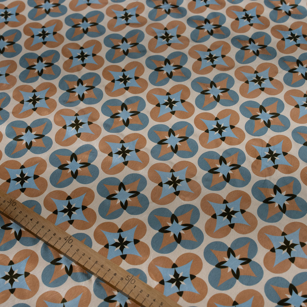 Silk Jacquard - Geometric - Slate Blue & Tan Floral Medallions on Cream