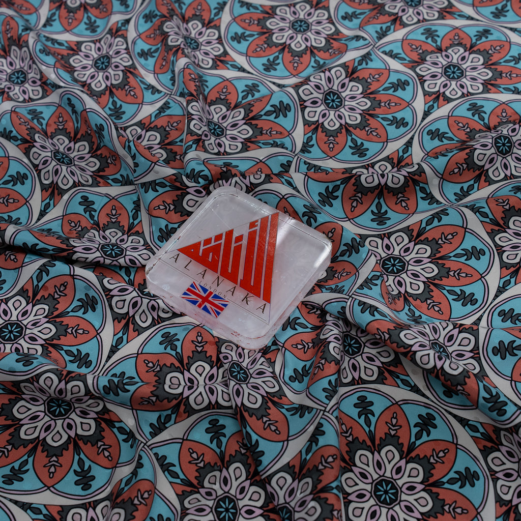 Silk Jacquard - Geometric - Sky Blue & Terracotta Ornate circular mandala medallions