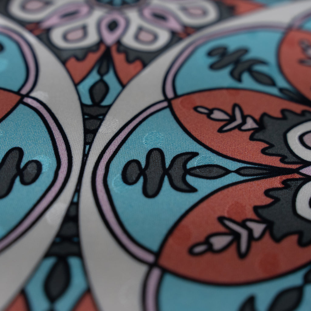 Silk Jacquard - Geometric - Sky Blue & Terracotta Ornate circular mandala medallions