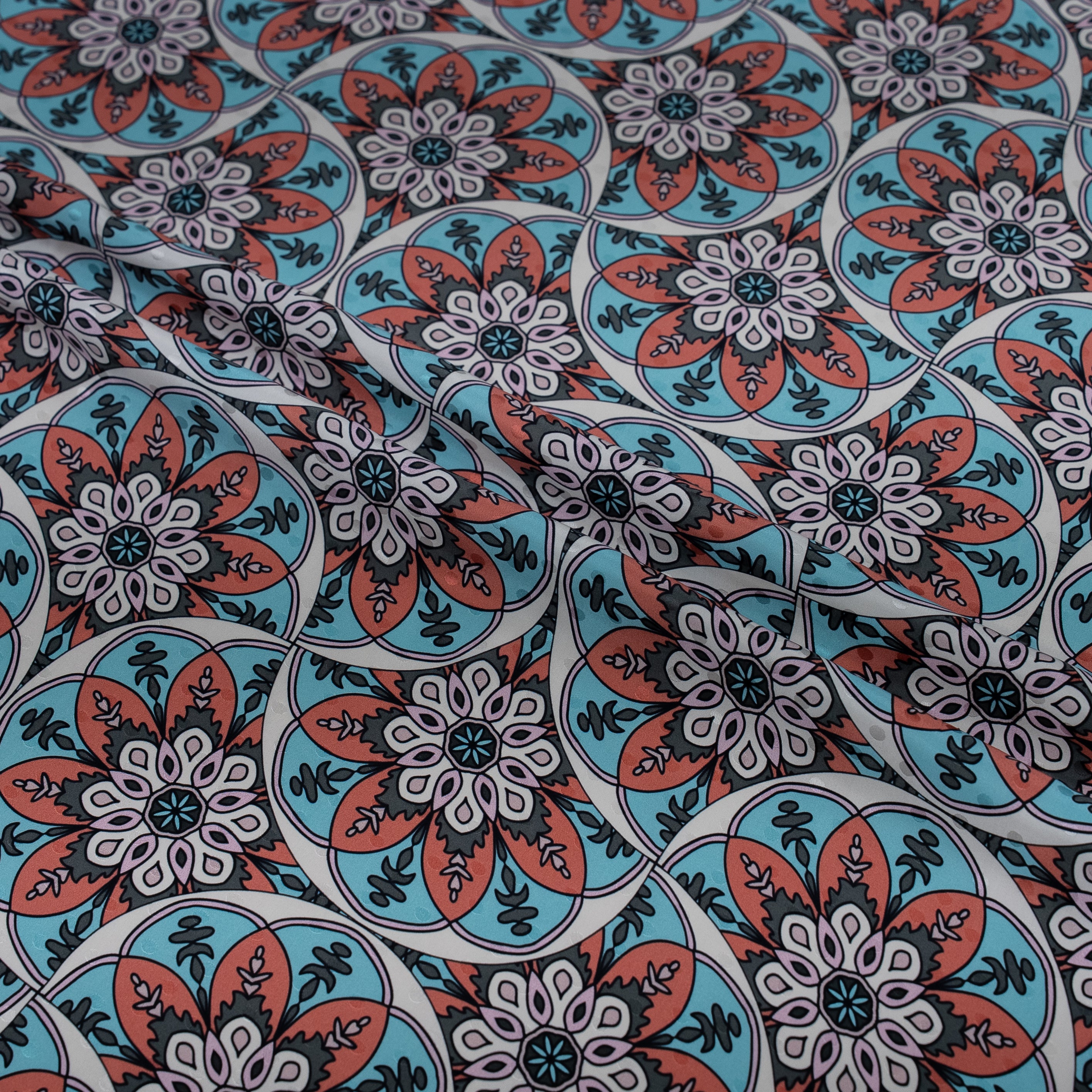 Silk Jacquard - Geometric - Sky Blue & Terracotta Ornate circular mandala medallions