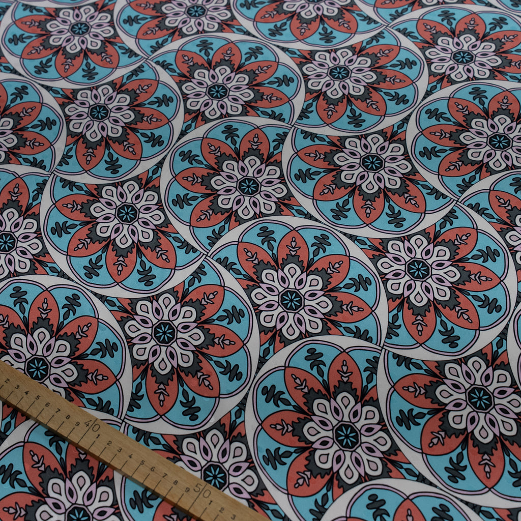 Silk Jacquard - Geometric - Sky Blue & Terracotta Ornate circular mandala medallions