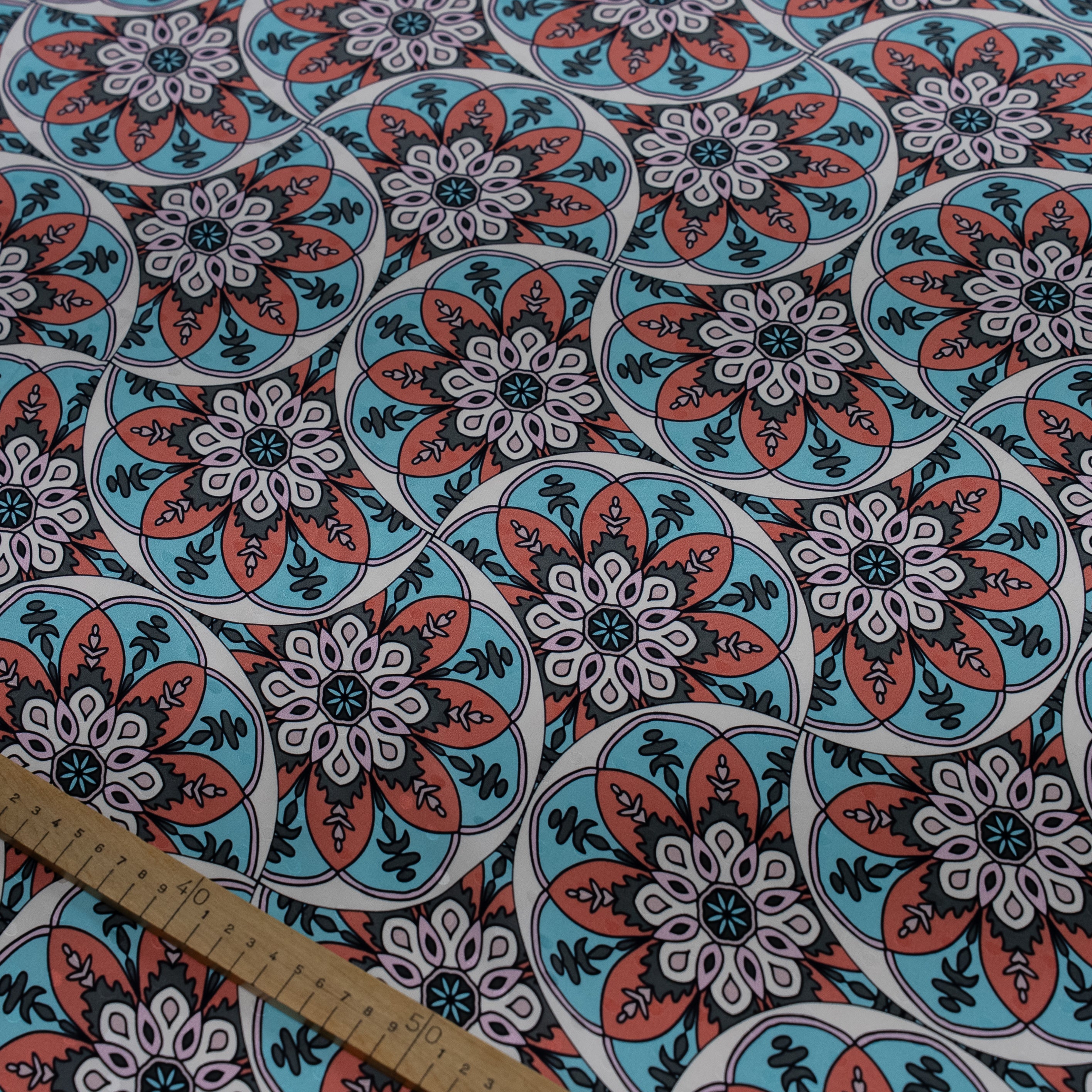 Silk Jacquard - Geometric - Sky Blue & Terracotta Ornate circular mandala medallions