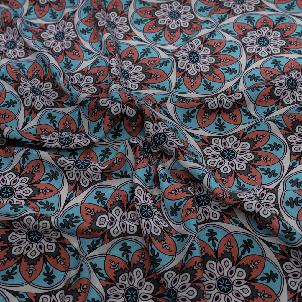 Silk Jacquard - Geometric - Sky Blue & Terracotta Ornate circular mandala medallions