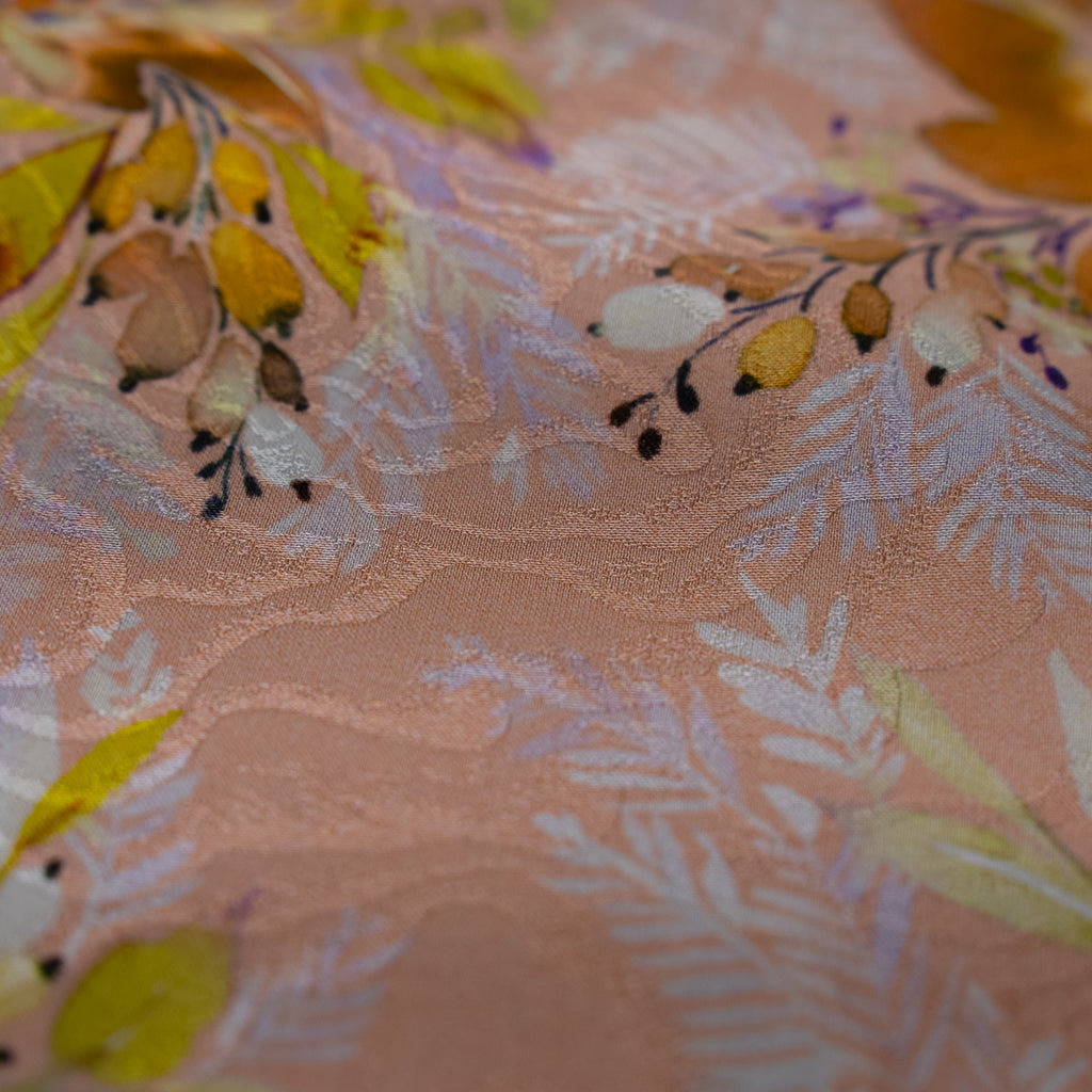 Silk Jacquard - Floral - Yellow Flowers on Rose Pink